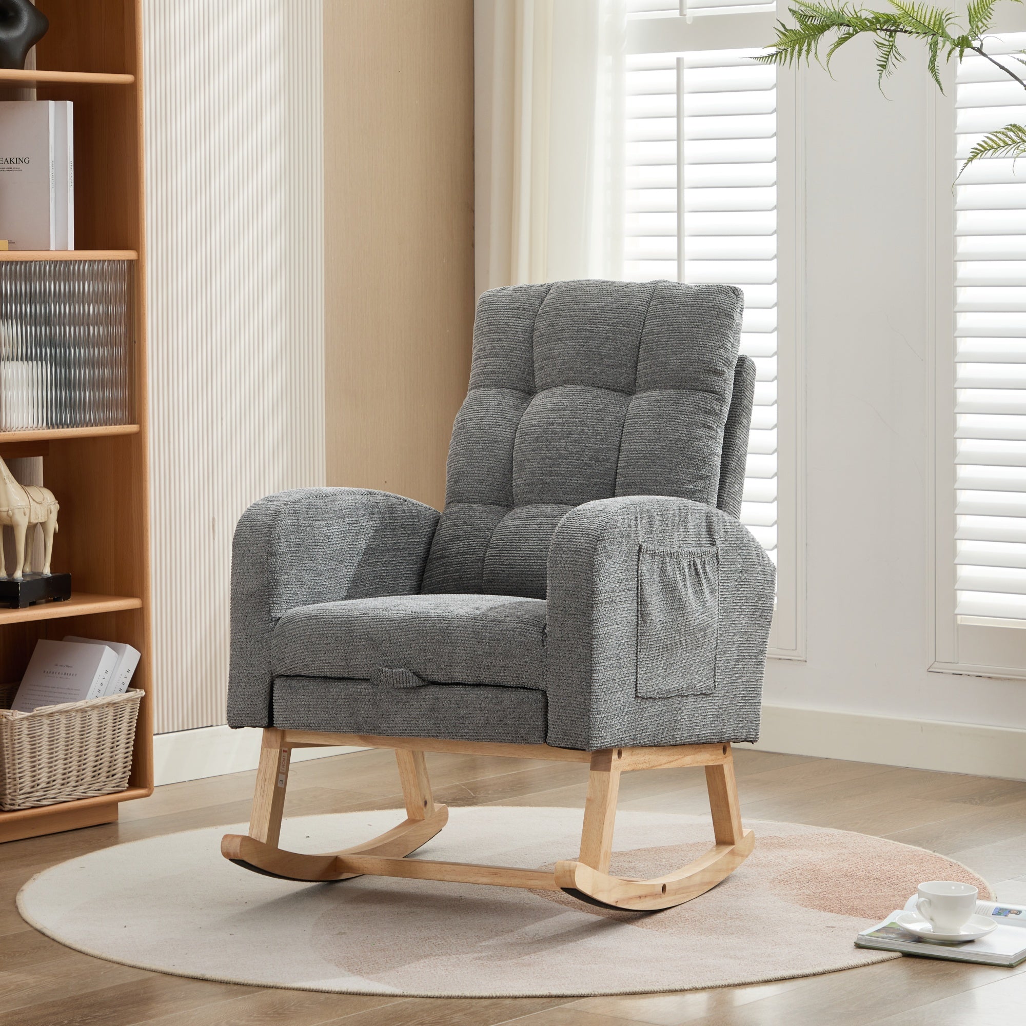Rocking Chair with Adjustable Footrest, Solid Wooden Legs, Lounge Armchair, Grey Waffle Fabric