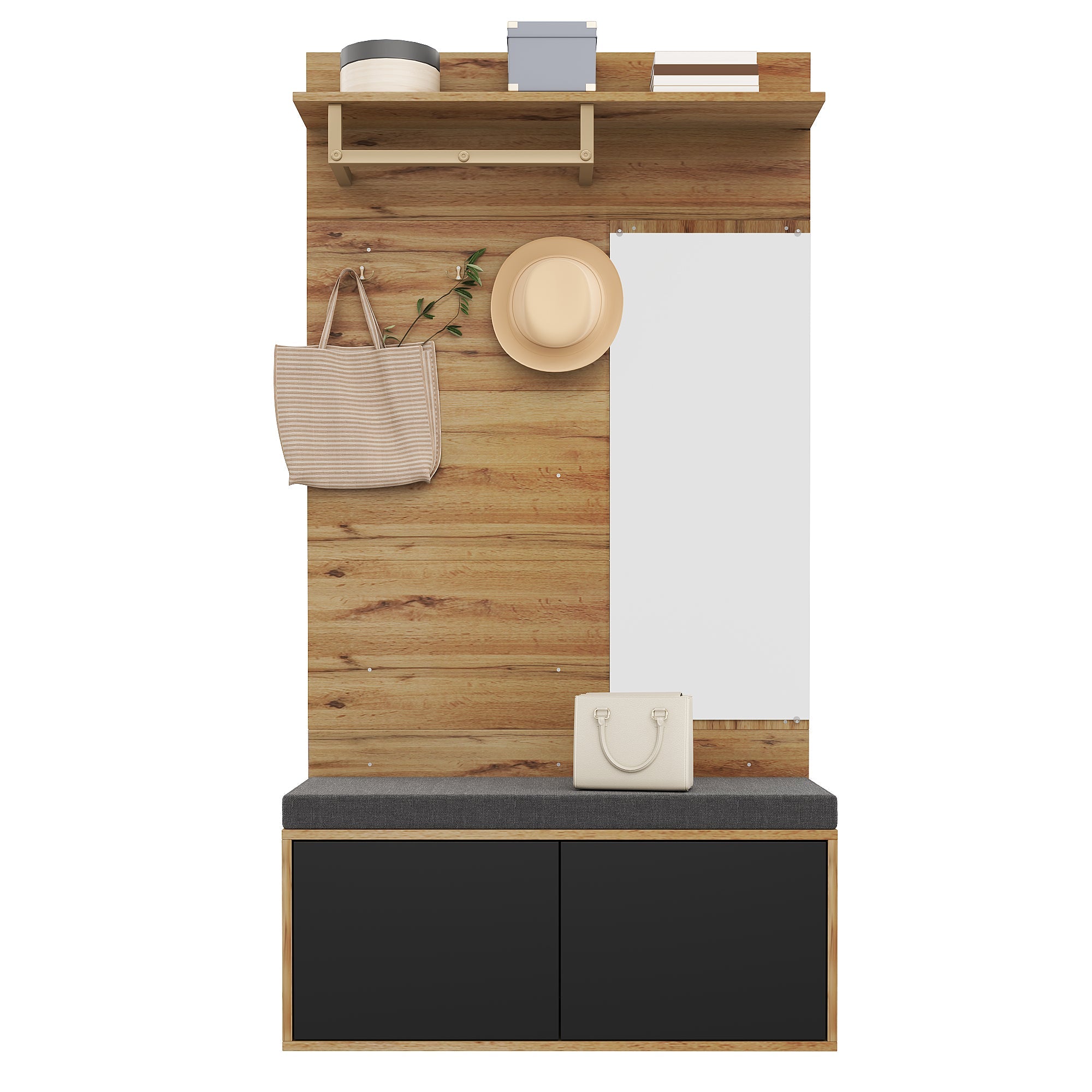 Wardrobe Set Compact Hallway Unit with Mirror, Cushions, and Shoe Cabinet, 100x190x38 cm