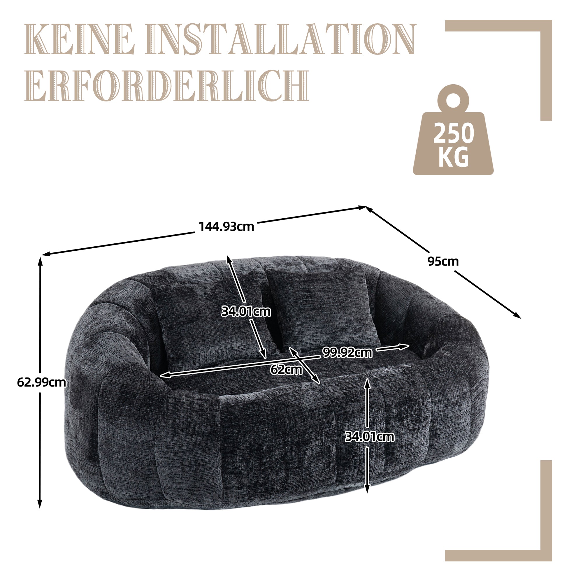 Bean Bag Sofa Lounger High Back Accent Chair Indoor/Outdoor, Black Chenille
