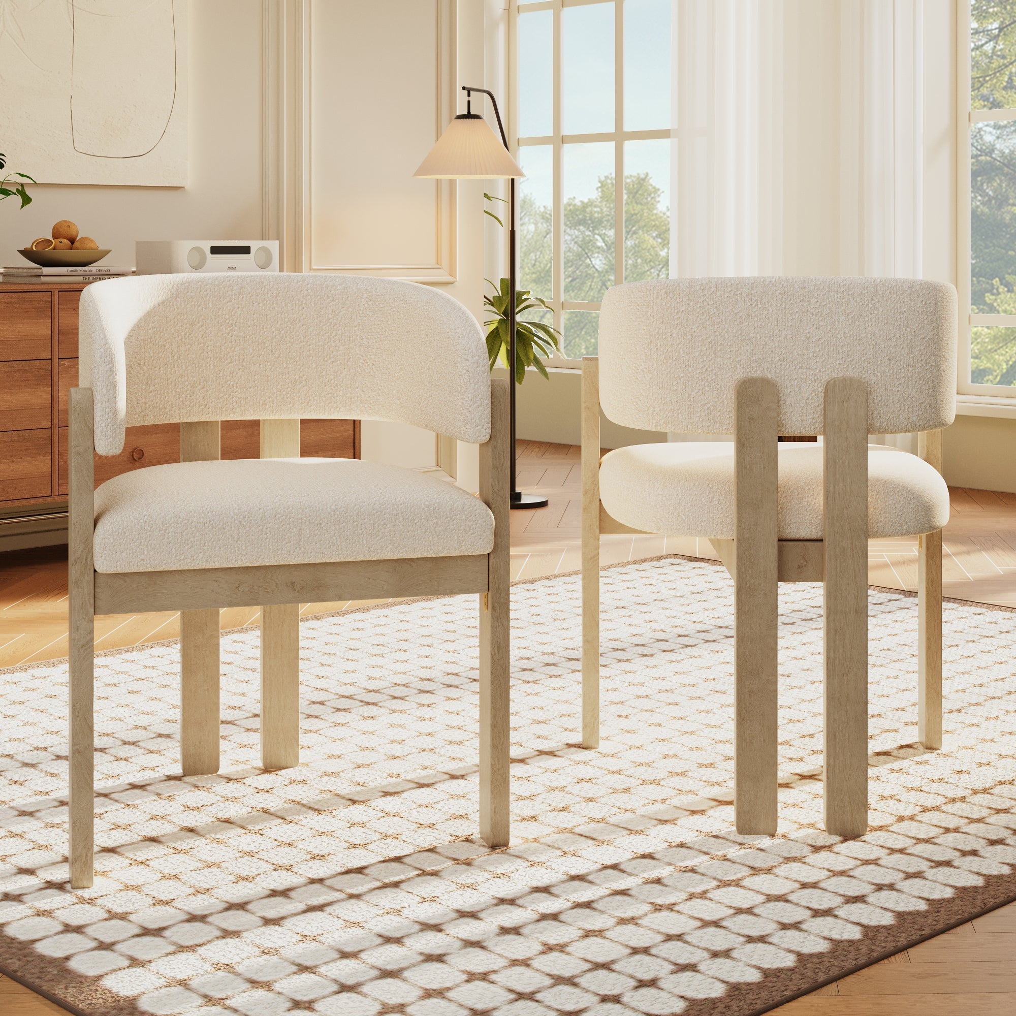 Solid Wood Dining Chairs, Set of 4 Modern Breathable Seats, Natural Bouclé
