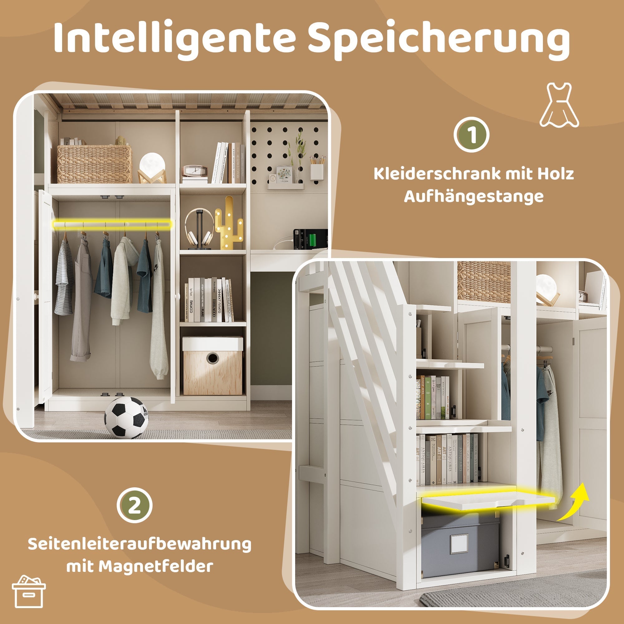 Children's Loft Bed with Desk, Wardrobe, Ladder Cabinet and USB Ports, 90x200cm, White Wood
