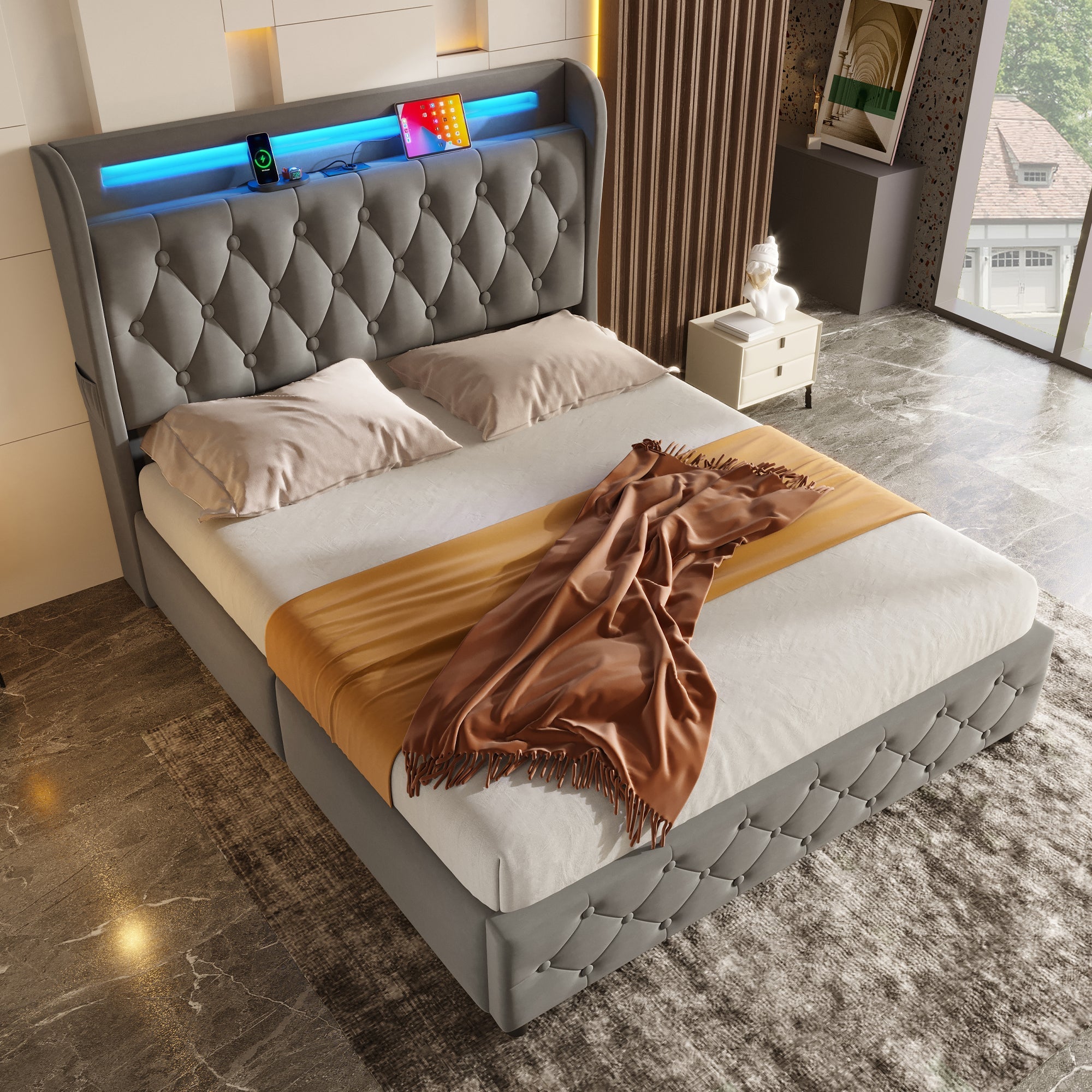 Upholstered Bed 140x190cm LED USB Storage Headboard 4 Drawers - Velvet