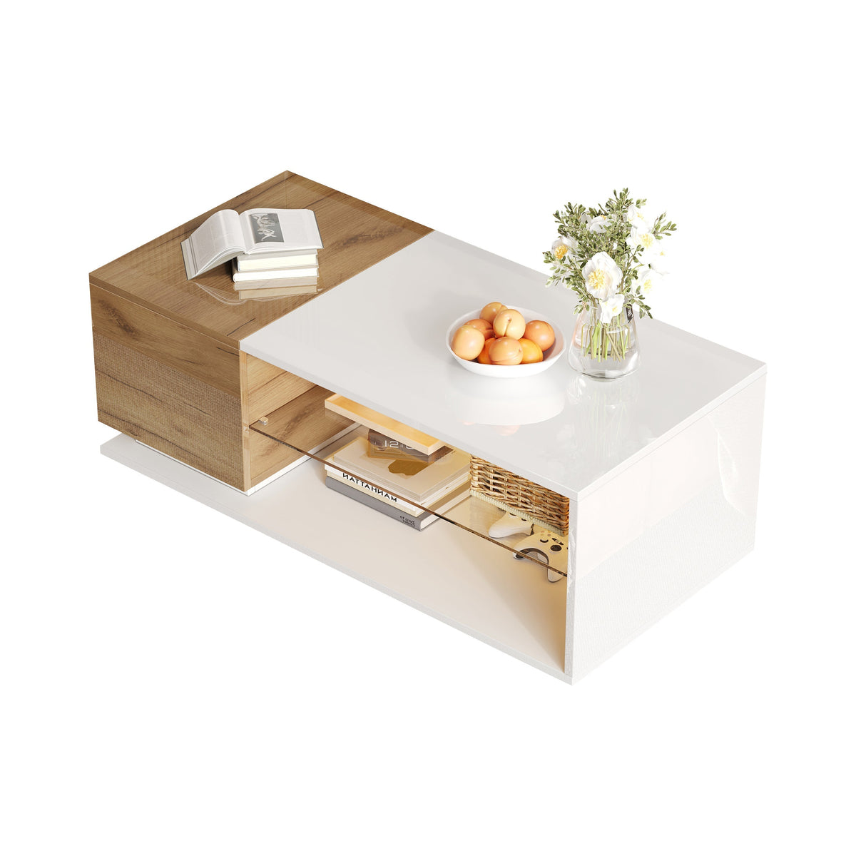 LED Coffee Table High-Gloss with Storage and Lighting 105x50x36cm