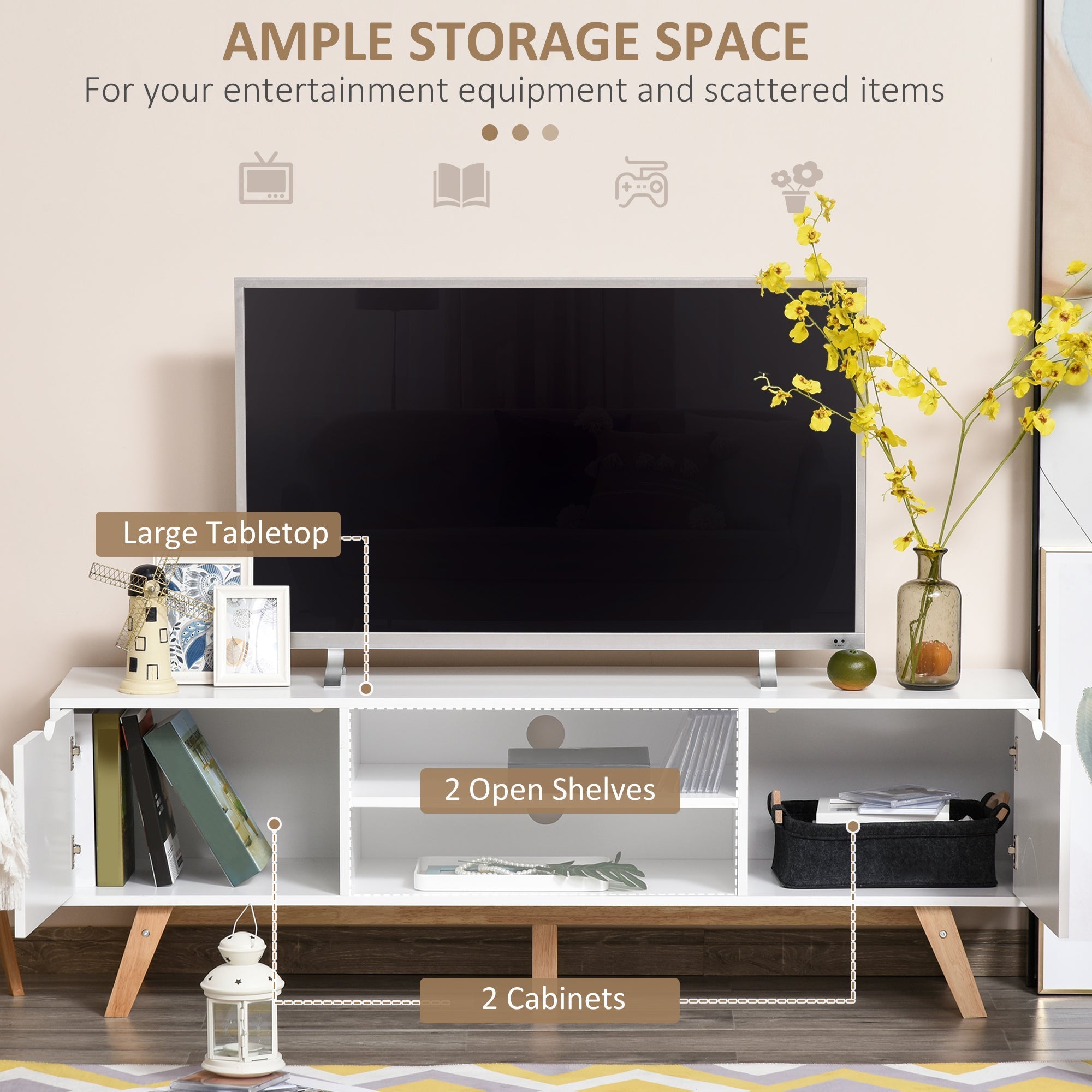 TV Stand Cabinet for TVs up to 65" with Storage & Wood Legs, White