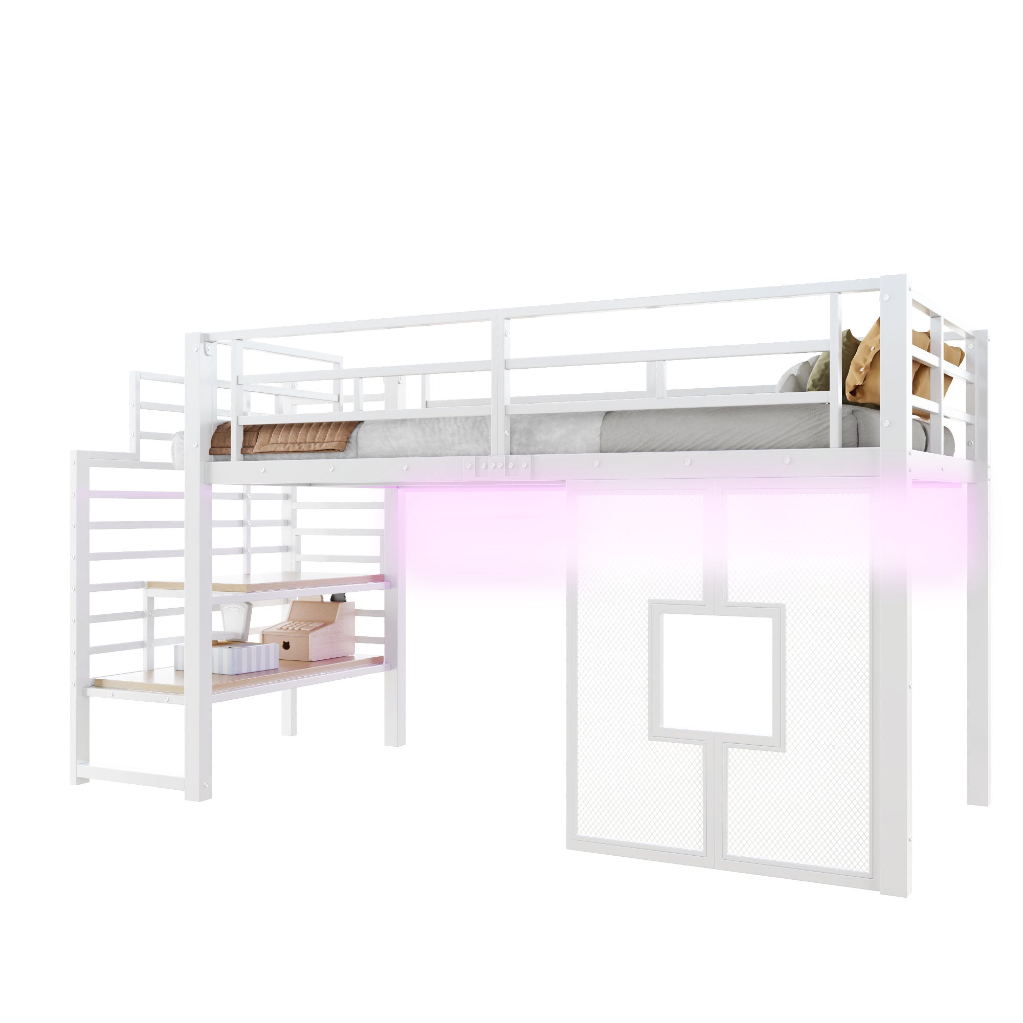 Metal Loft Bed Frame 90x200 cm with Stairs Storage and LED Lighting, White