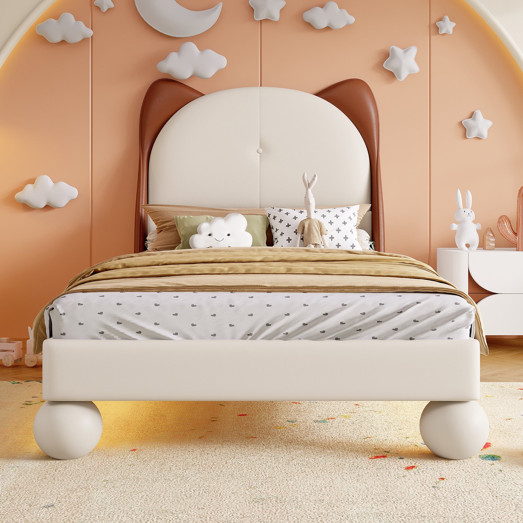 Upholstered Bed, Single/Children's, Cat-Ear Headboard, LED Light Strip, Beige + Yellow-Brown PU