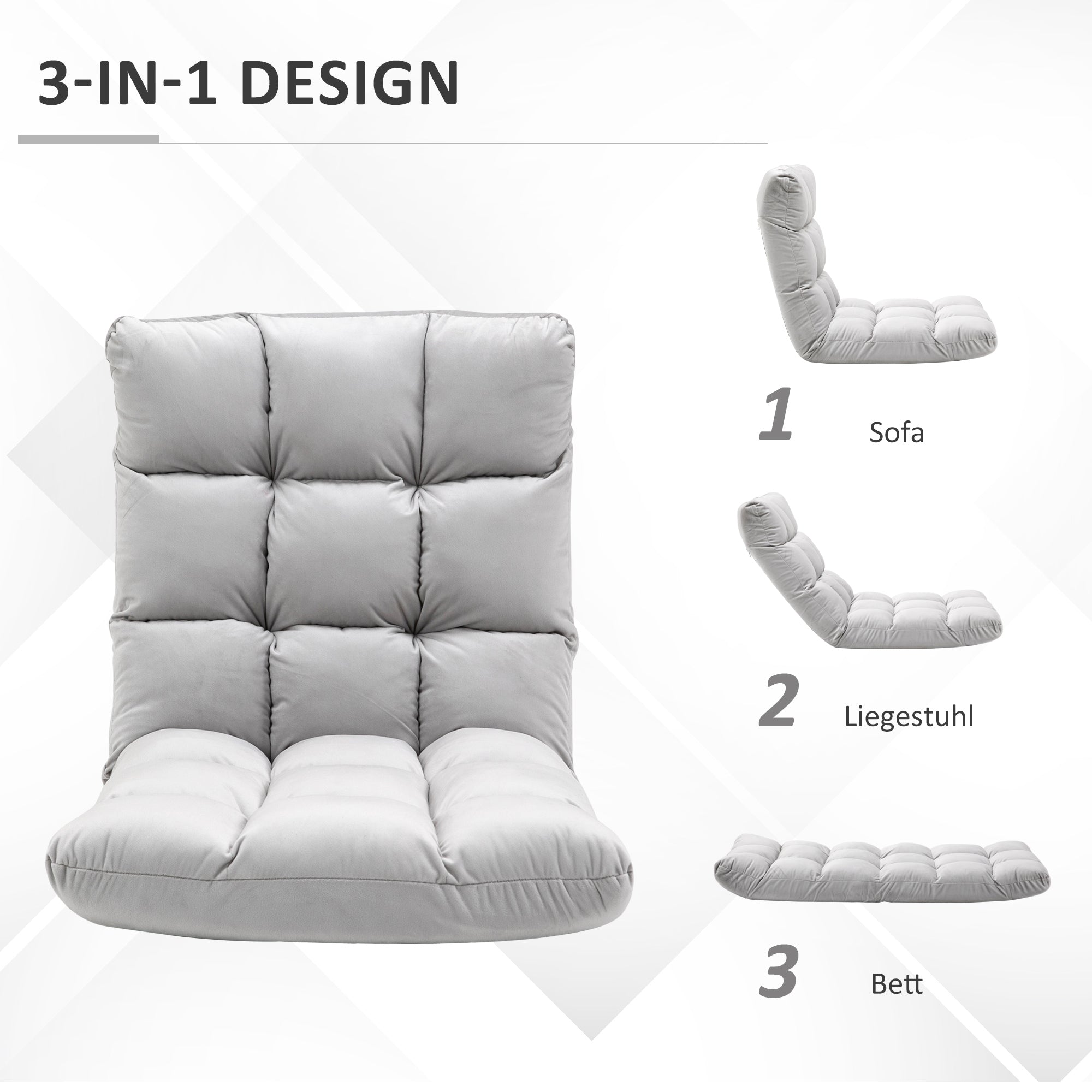 Folding Floor Chair Lounger 3-in-1 Adjustable 13 Position, Gray Metal Foam