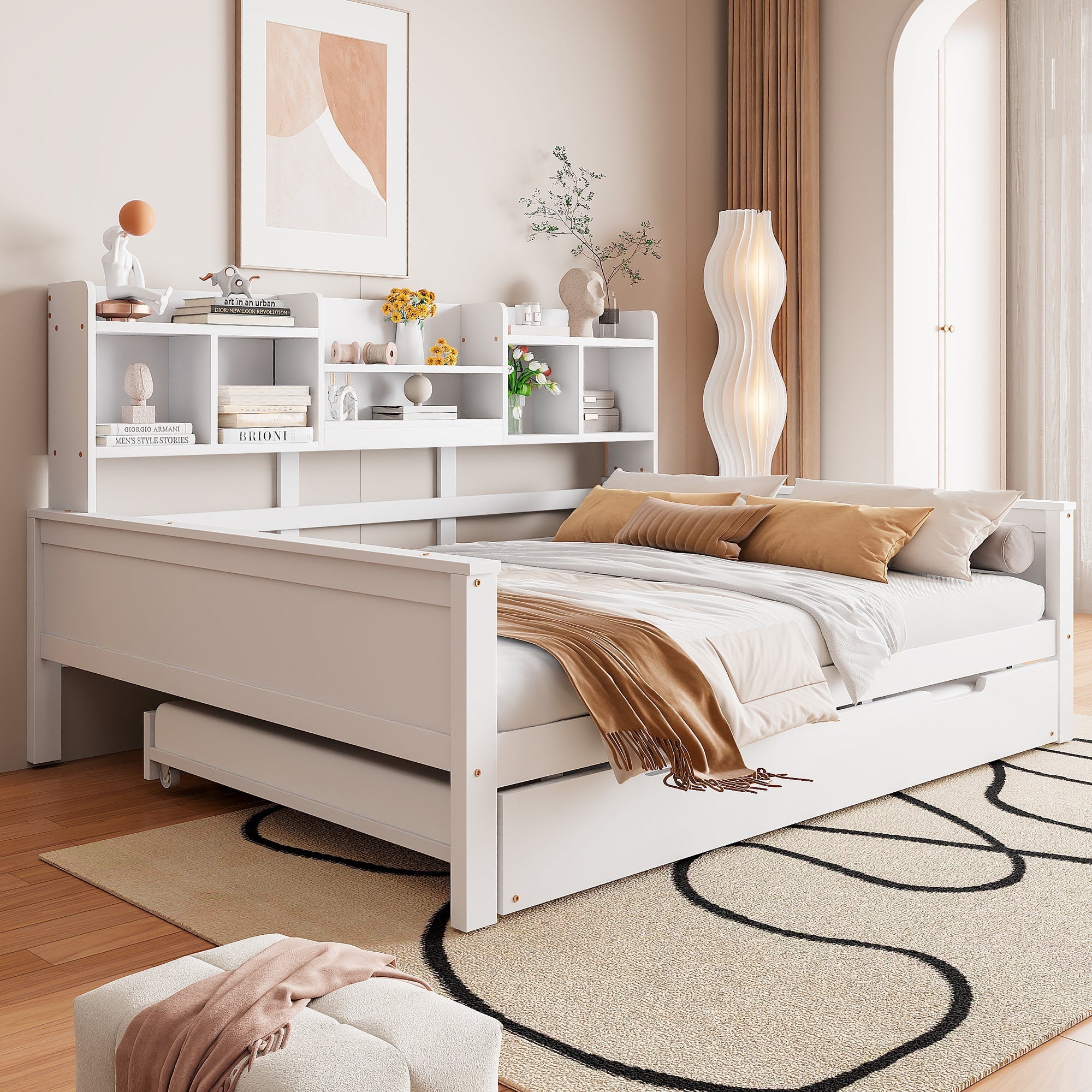 Sofa Bed, Pull-Out 140x200CM, Storage & Slatted Frame, Pine Wood White