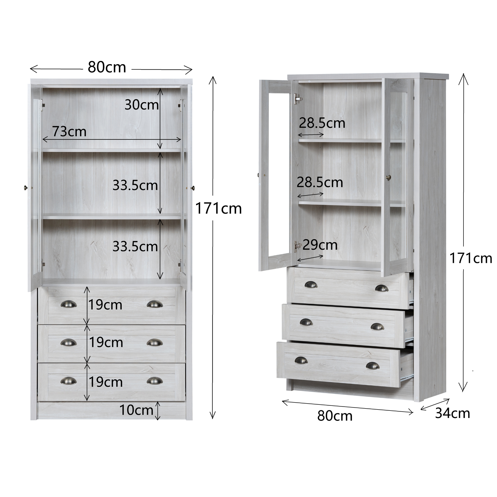 Modern Highboard Cabinet, 80x34x171 cm, Glass Doors, 3 Drawers, Wood Look with Copper Handles