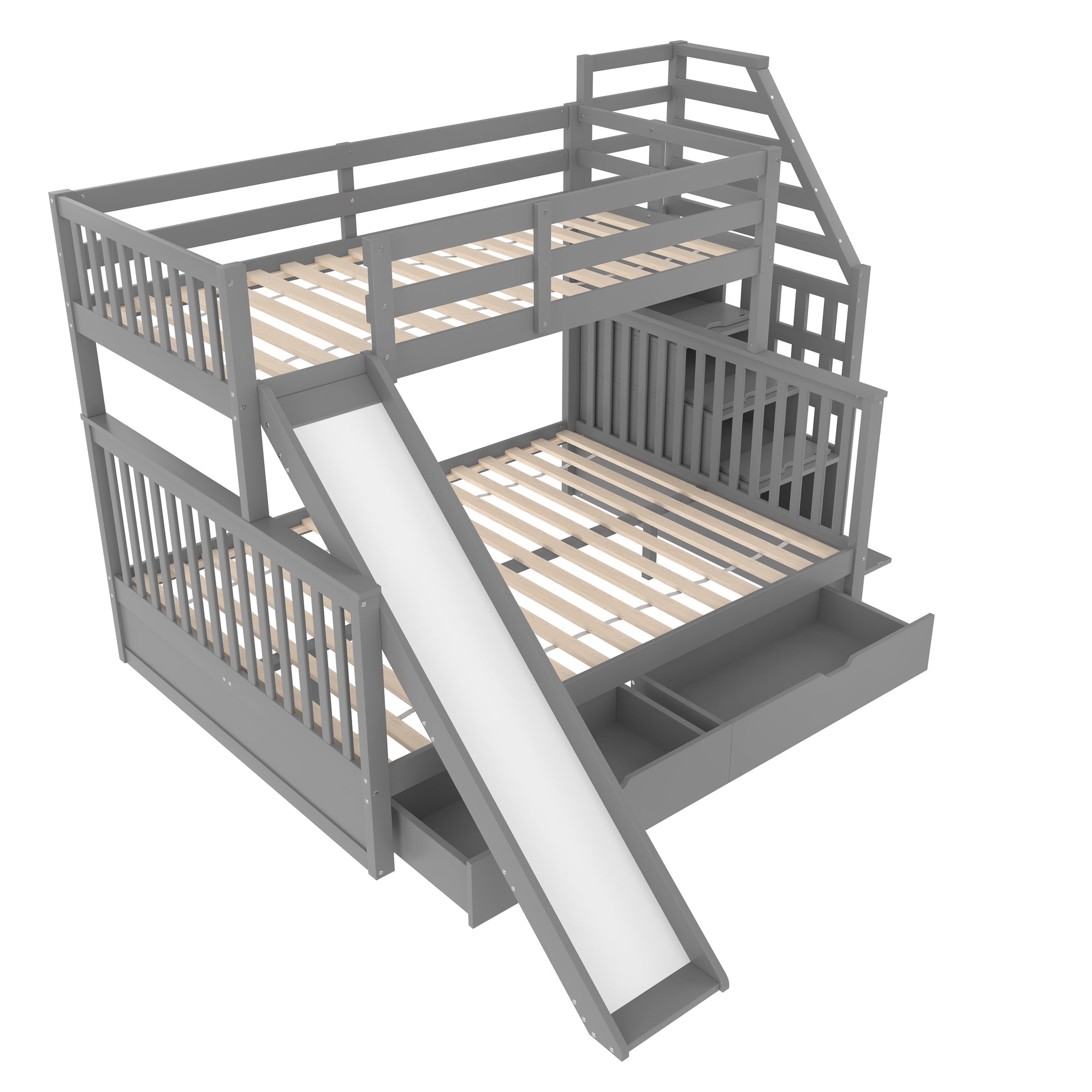 Bunk Bed 90x200 Over 140x200 With Storage Drawers & Slide Grey
