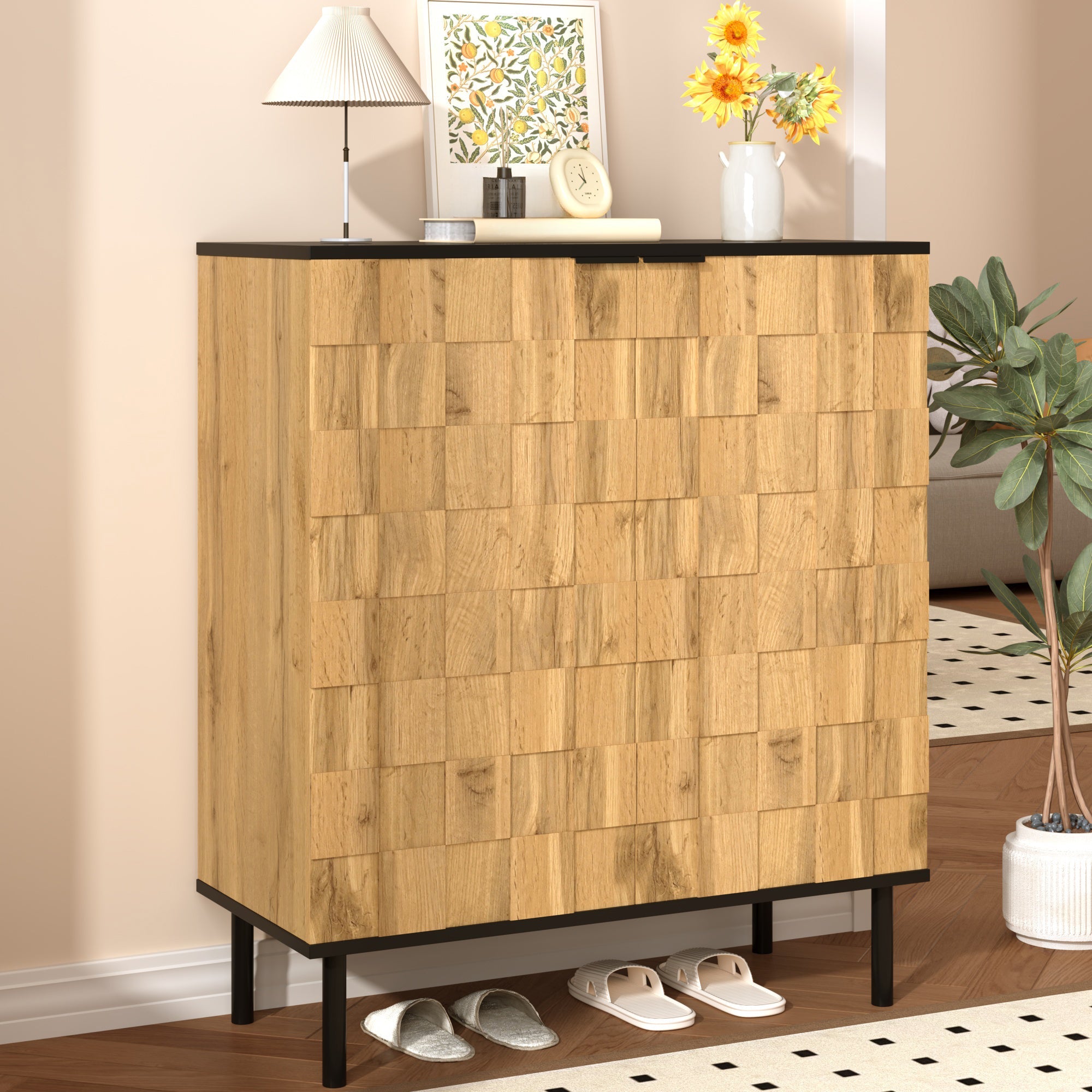 Mosaic Shoe Cabinet with 2 Doors and Adjustable Compartments, Wood Look Chipboard