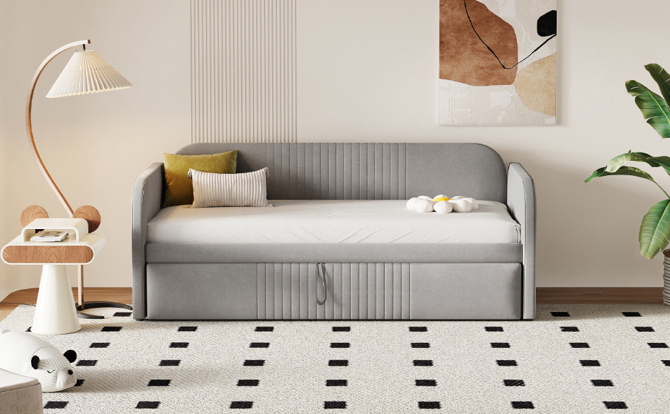 Upholstered Bed, Pull-Out Sofa Bed with Slatted Frame, Multifunctional, Light Grey Linen