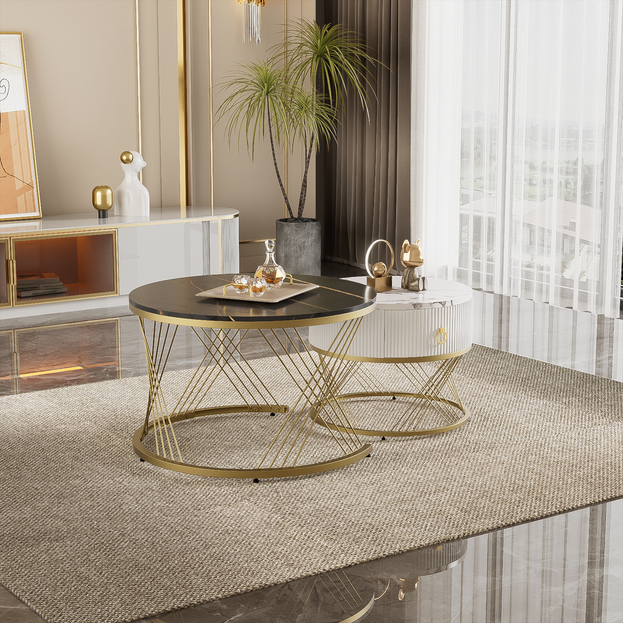 Elegant nesting Coffee Table: Marble Look, Gold Decor, Side Table with Drawers - Set of 2