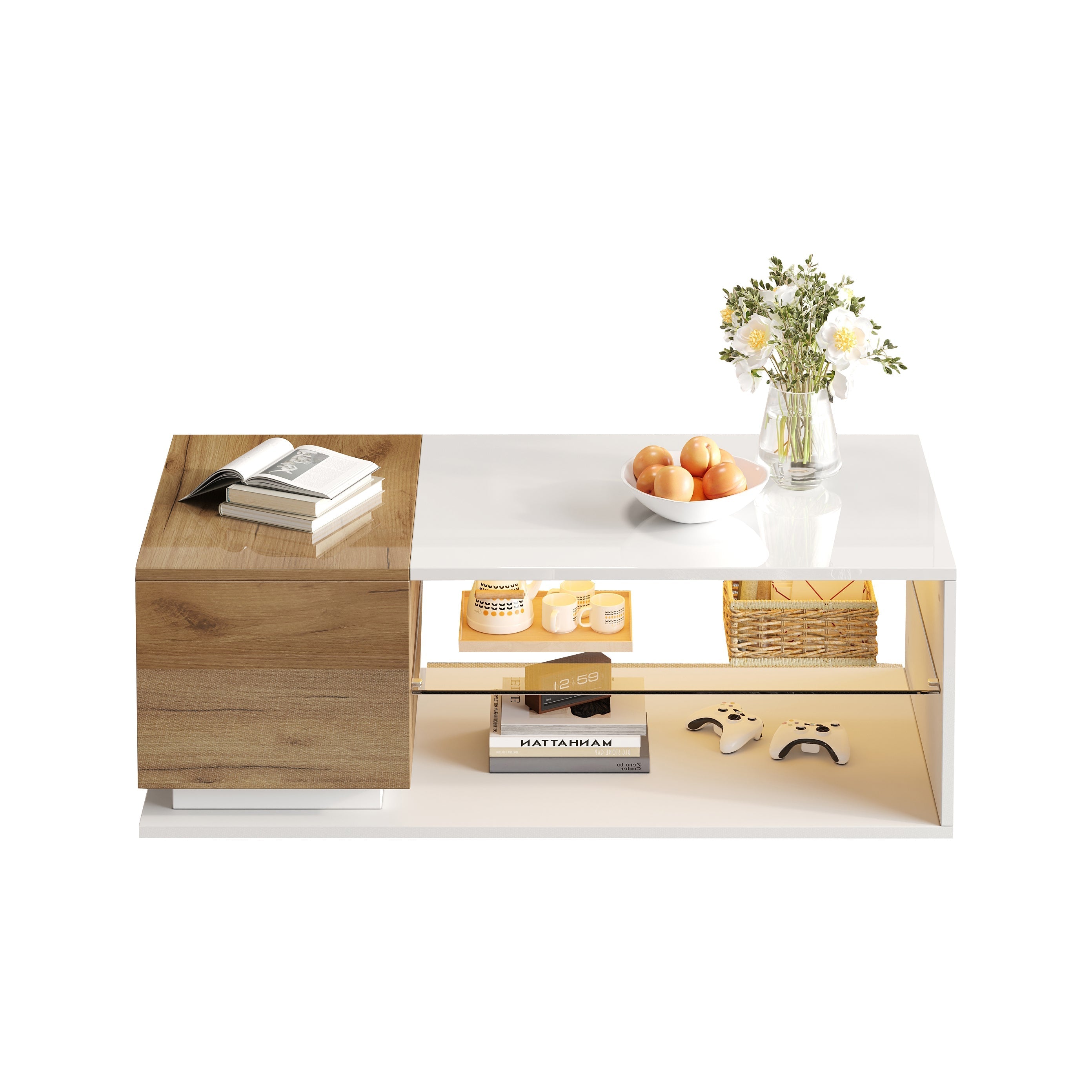 LED Coffee Table High-Gloss with Storage and Lighting 105x50x36cm