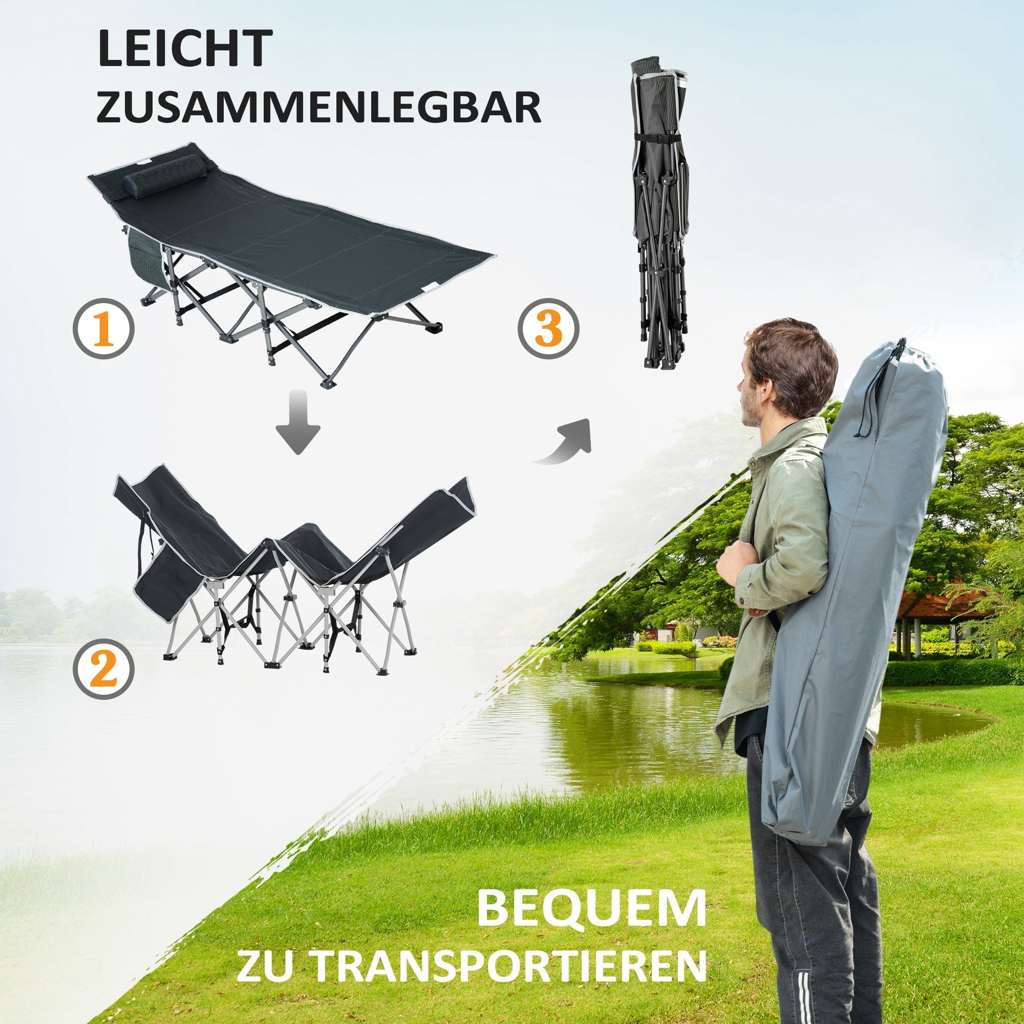 Sonnenliege klappbar mit Kissen, Aufbewahrungstasche, Metall und Oxford-Gewebe, Grau