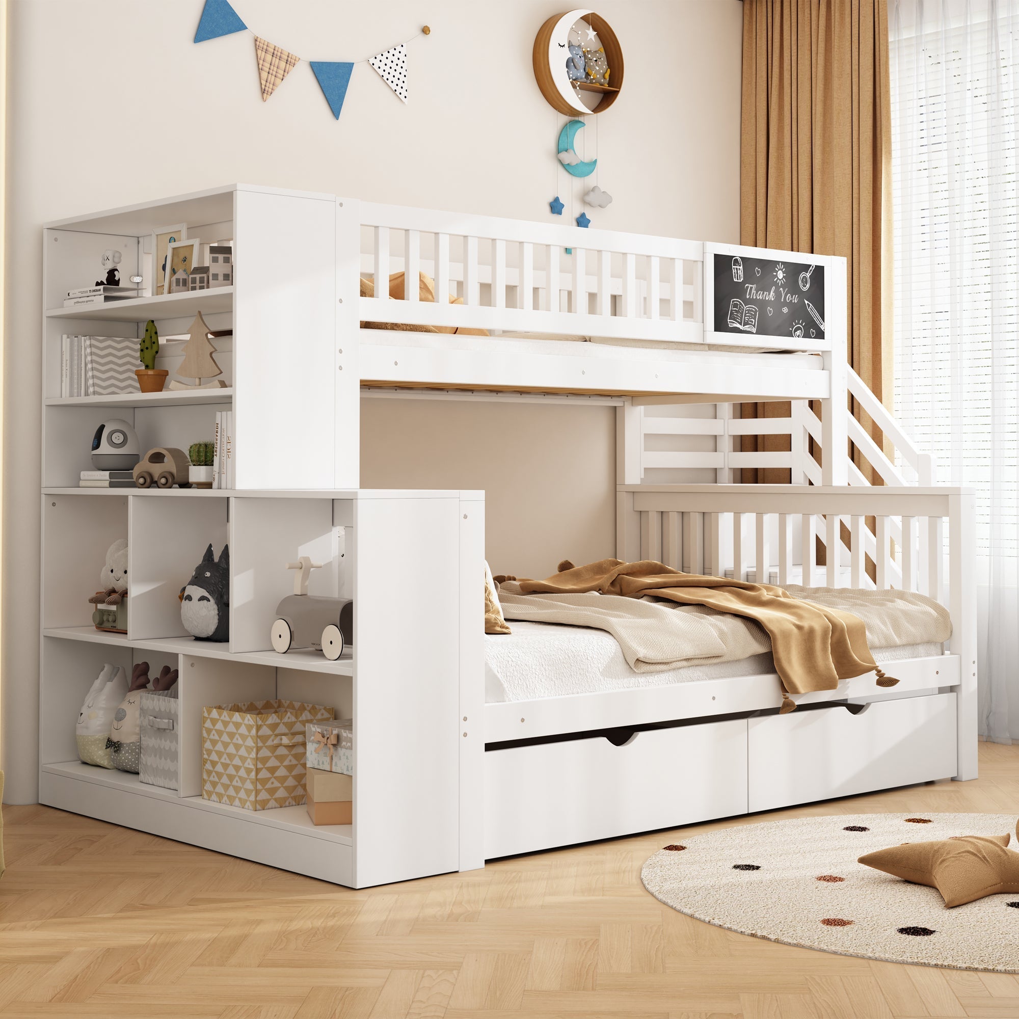 House Bunk Bed Multifunctional Graffiti Board Stairs Storage Drawers 140x200 & 90x200 - White