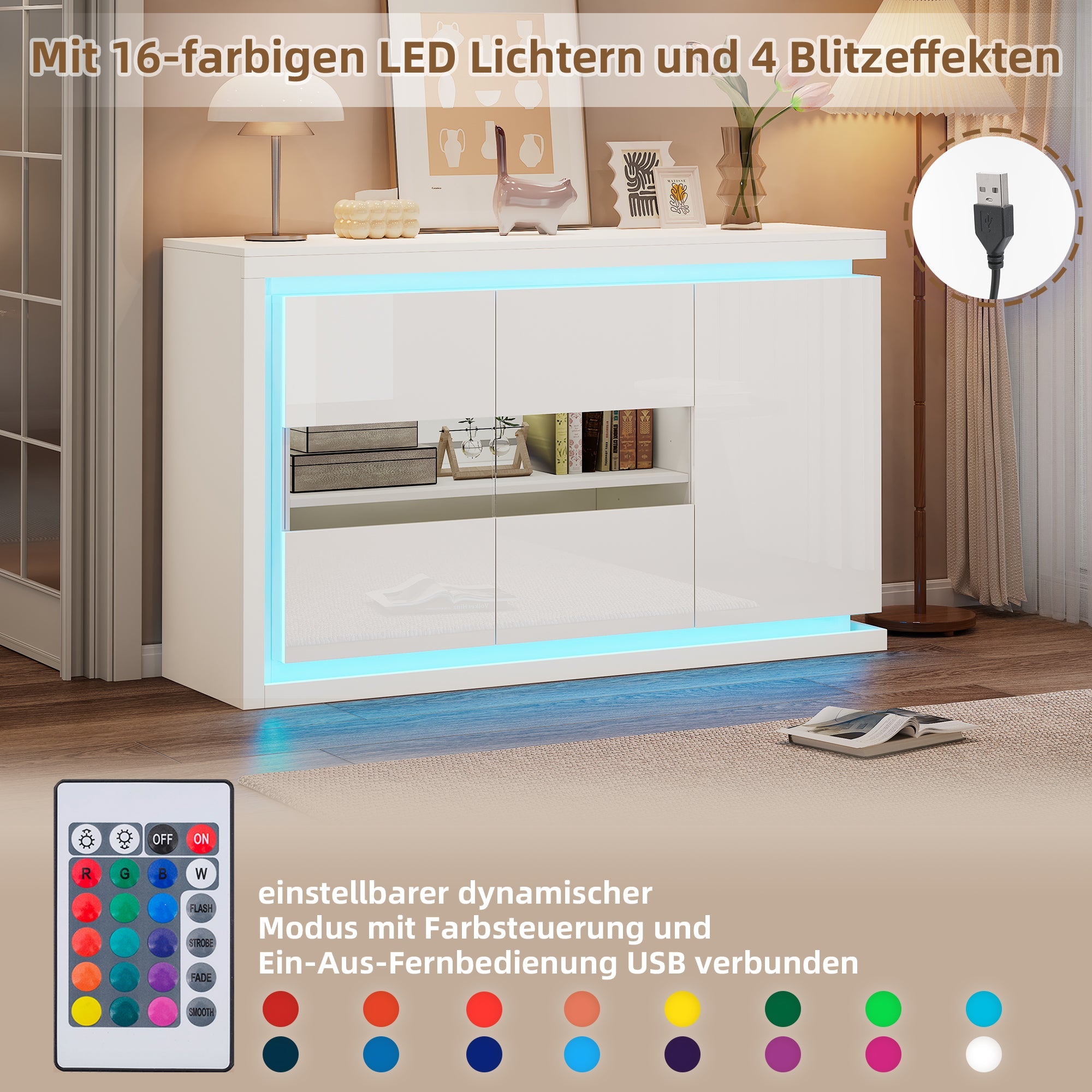Living Room Cabinet, 140cm, 4 Compartments, High-Gloss, LED, Tempered Glass Doors