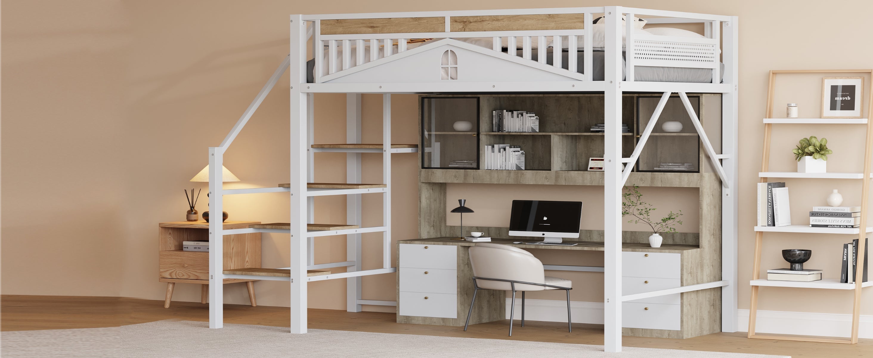 Metal Loft Bed, 140x200cm with Window Design, Safety Ladder, Storage, White
