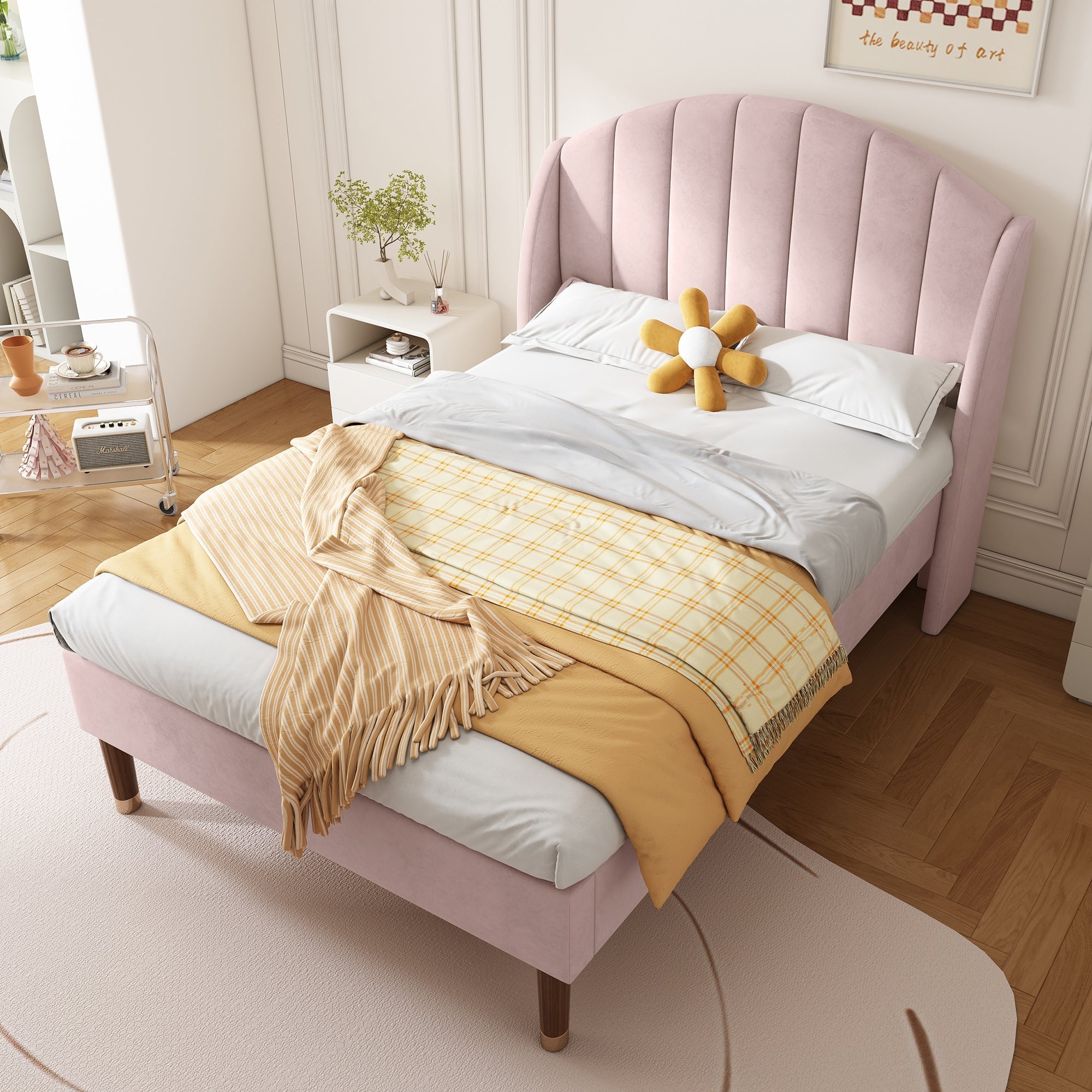 Upholstered Bed, Single Bed - 3ft(90*190cm) with Slatted Frame and Headboard, Pink Velvet