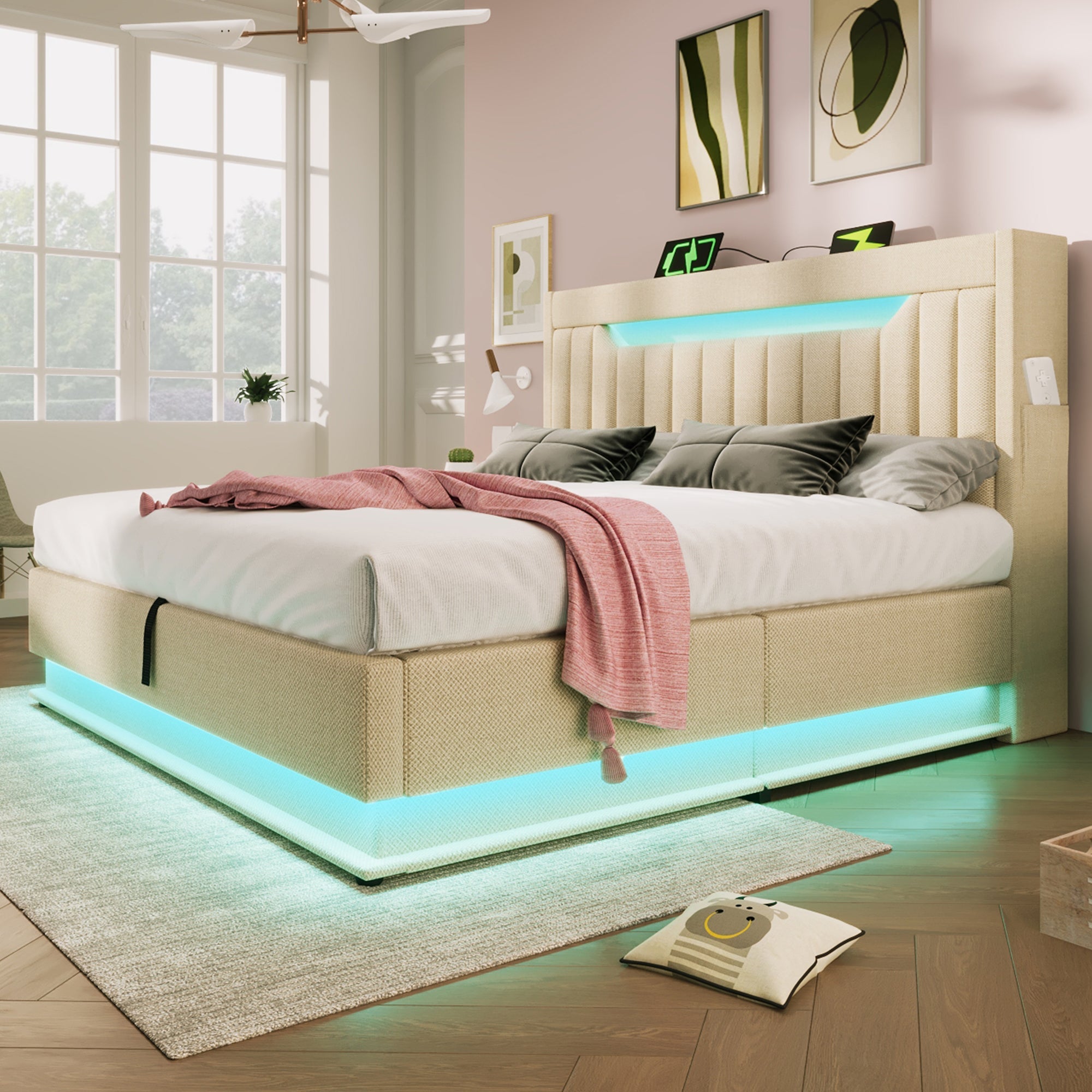 Upholstered Double Bed with Hydraulic Storage, USB, Type-C and LED Lighting, 140x190cm, Beige Linen