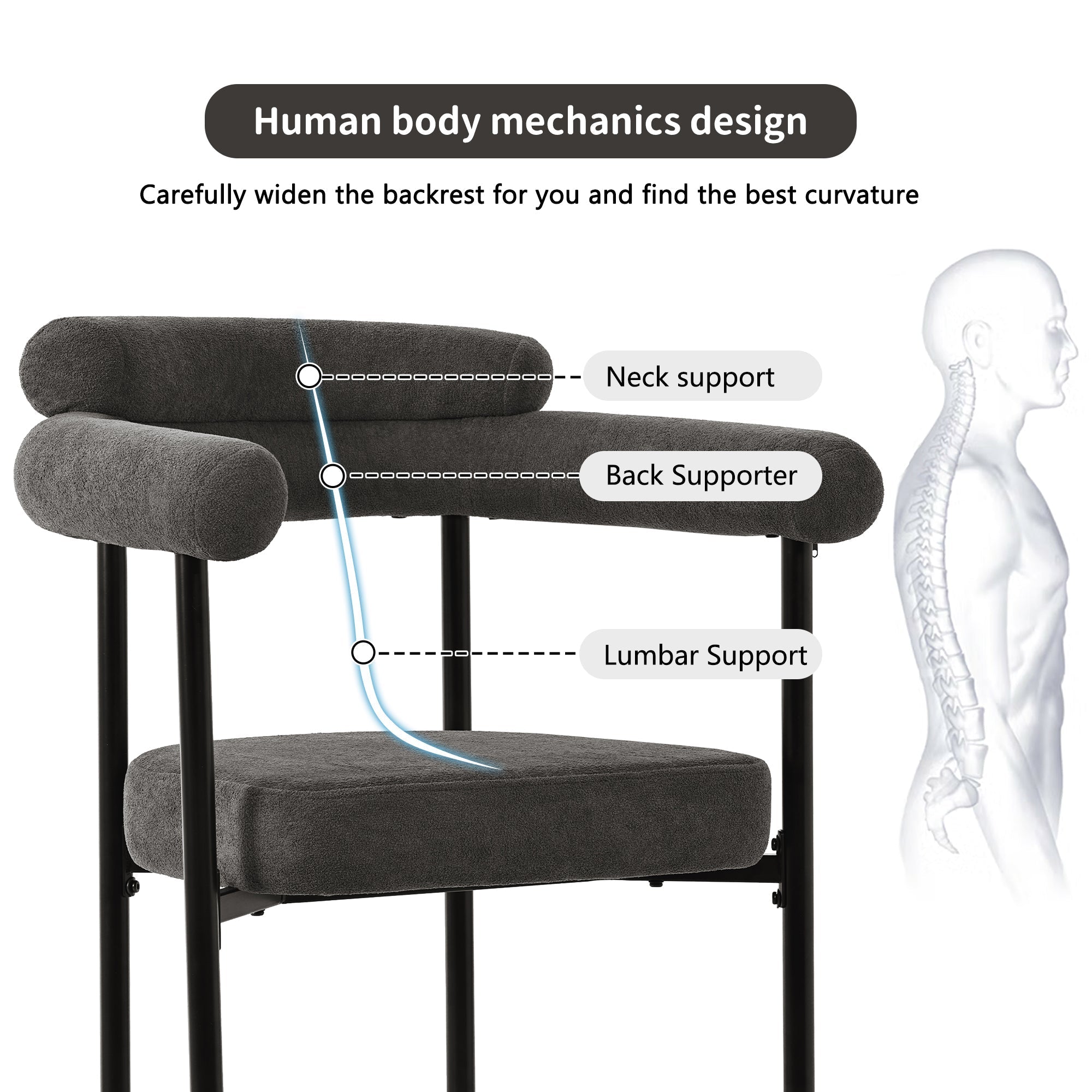 6 Dining Chairs, Modern Simple Comfortable Ring Seat, Dark Grey Suede