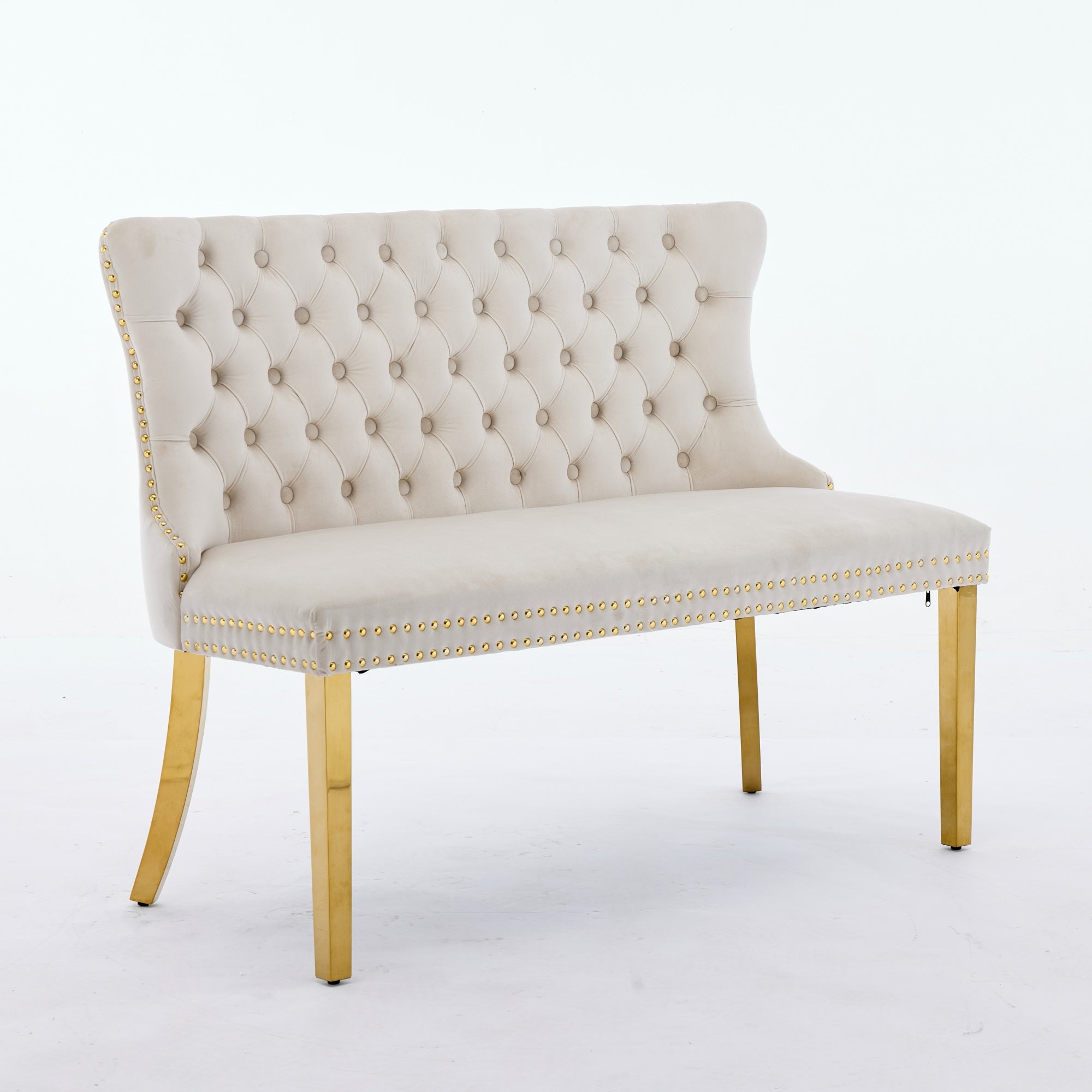 Velvet Double Dining Loveseat Bench, 2-Seat Tufted Wing Back Gold-Plated Steel Legs, Beige Velvet