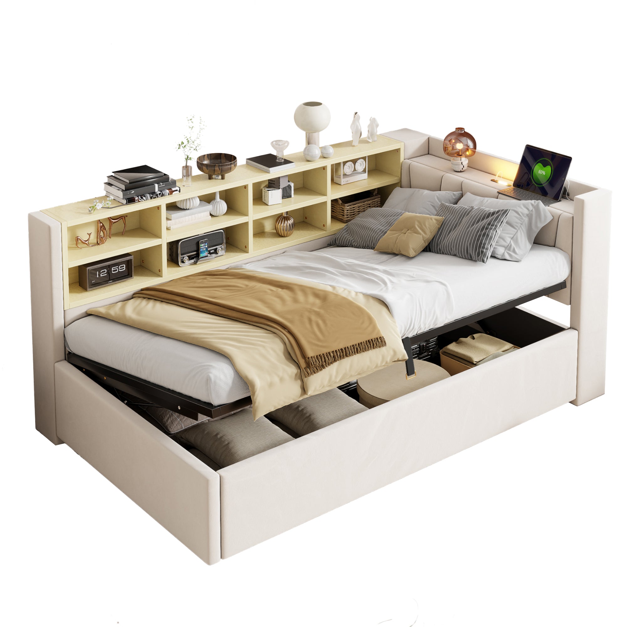 Upholstered Sofa Bed with Storage and USB Ports, Velvet Grey