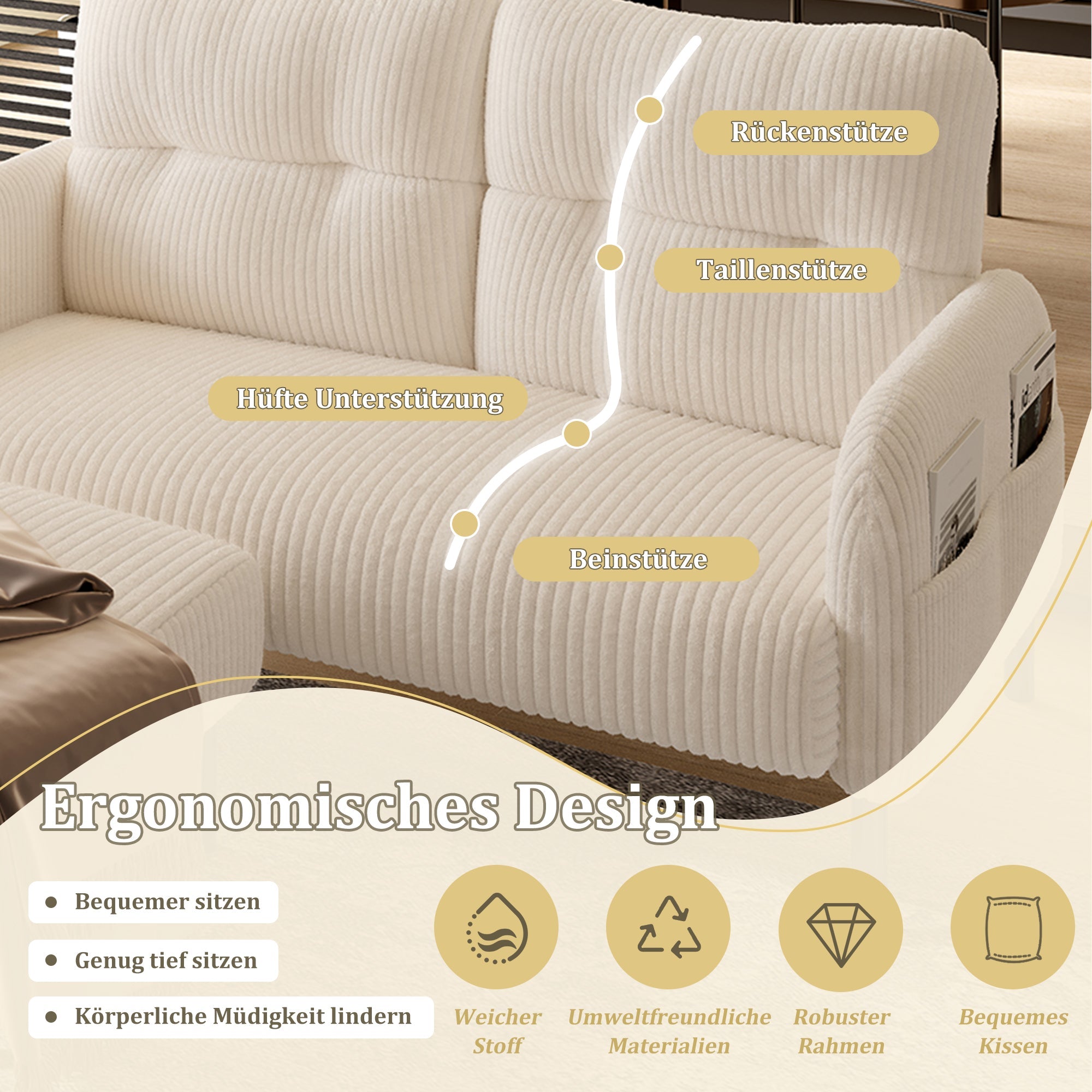 Corduroy Two-Seater Sofa, Comfort Padding High Back Side Pockets, Metal Feet
