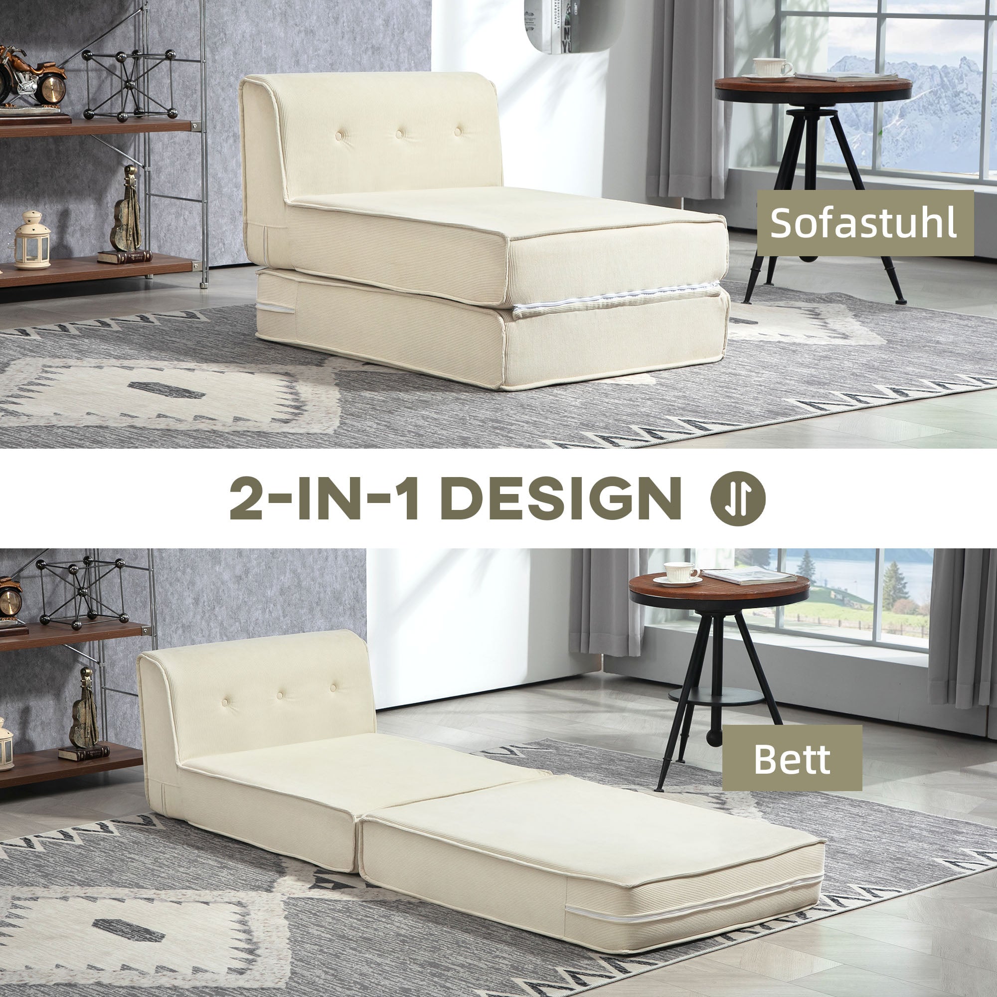 Schlafsofa 2-in-1 Klappbar Polsterung 240 kg, Cord Cremeweiß