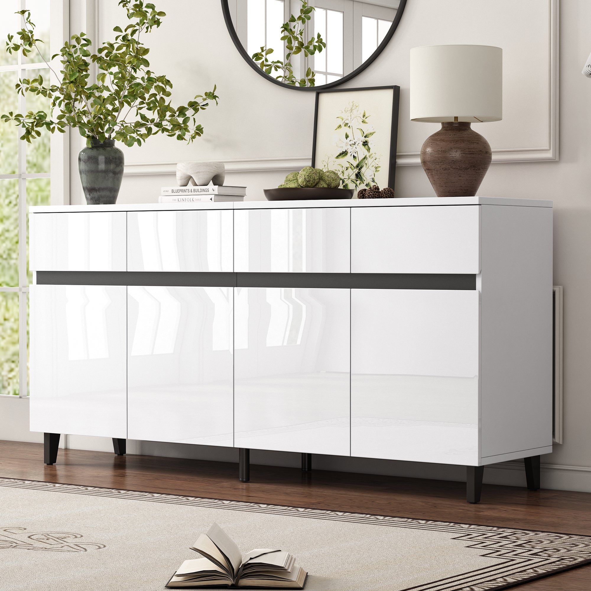 Storage Cabinet Buffet, 4 Doors 4 Drawers Adjustable Shelves, White