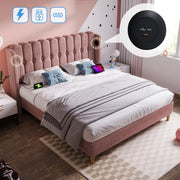 Upholstered Double Bed with USB and Type-C Charging, Pink, Velvet Material