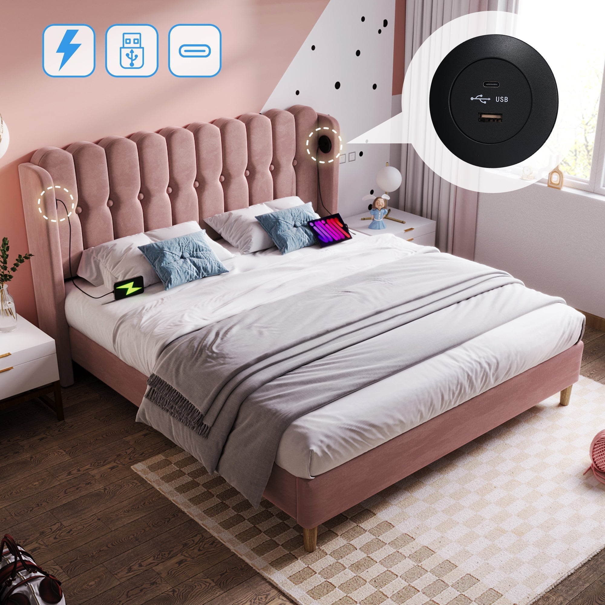 Upholstered Double Bed with USB and Type-C Charging, Pink, Velvet Material