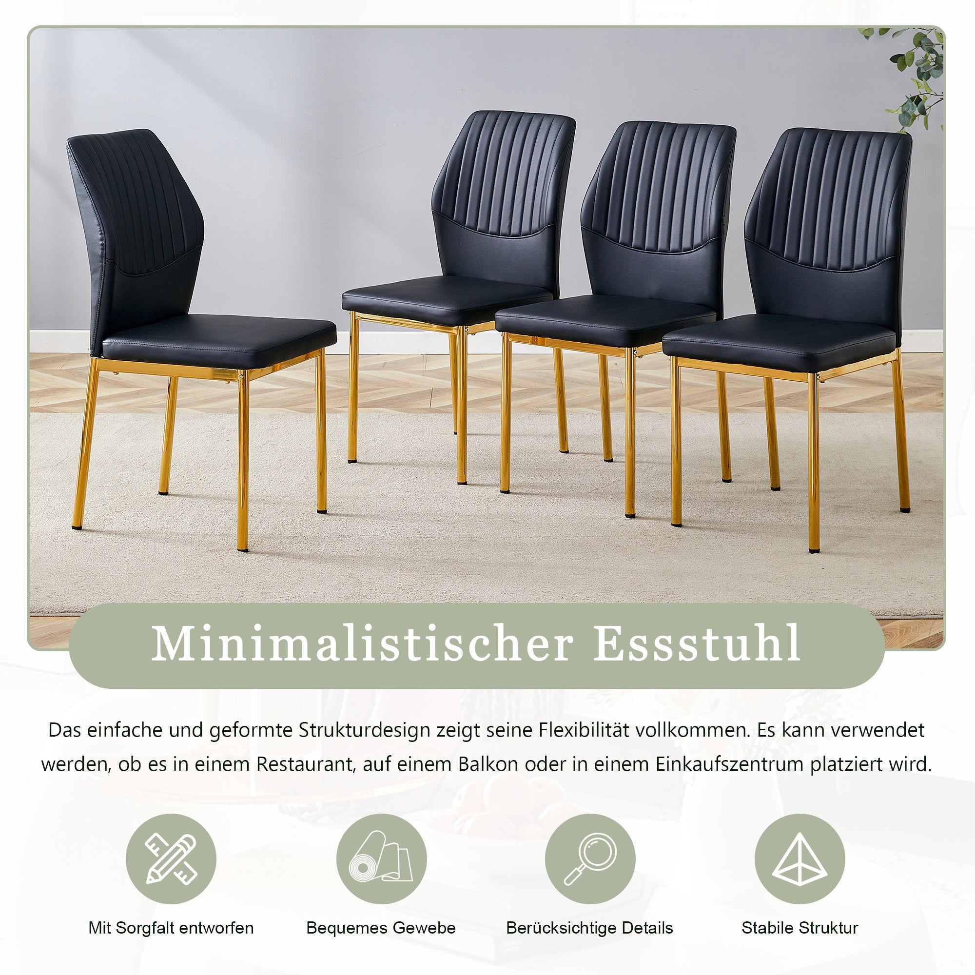 Chic Dining Chairs, Set of 4 with Vertical Embossing and Metal Legs, Black and Gold