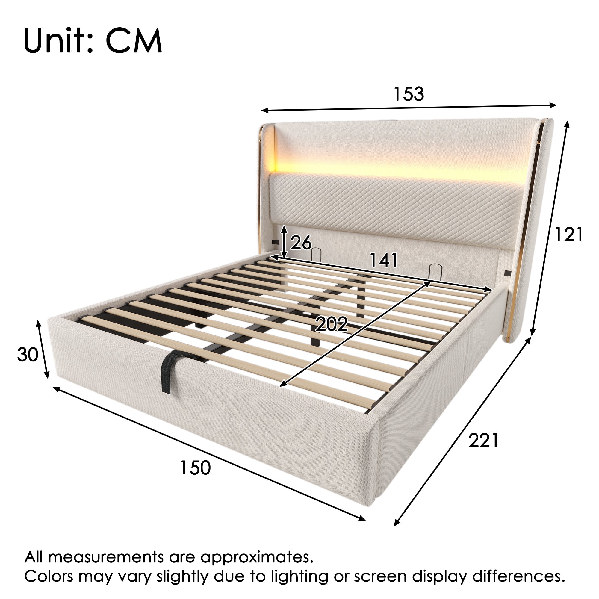Modern Hydraulic Bed 140x200cm Double LED Storage USB/Type-C, Linen Look Beige