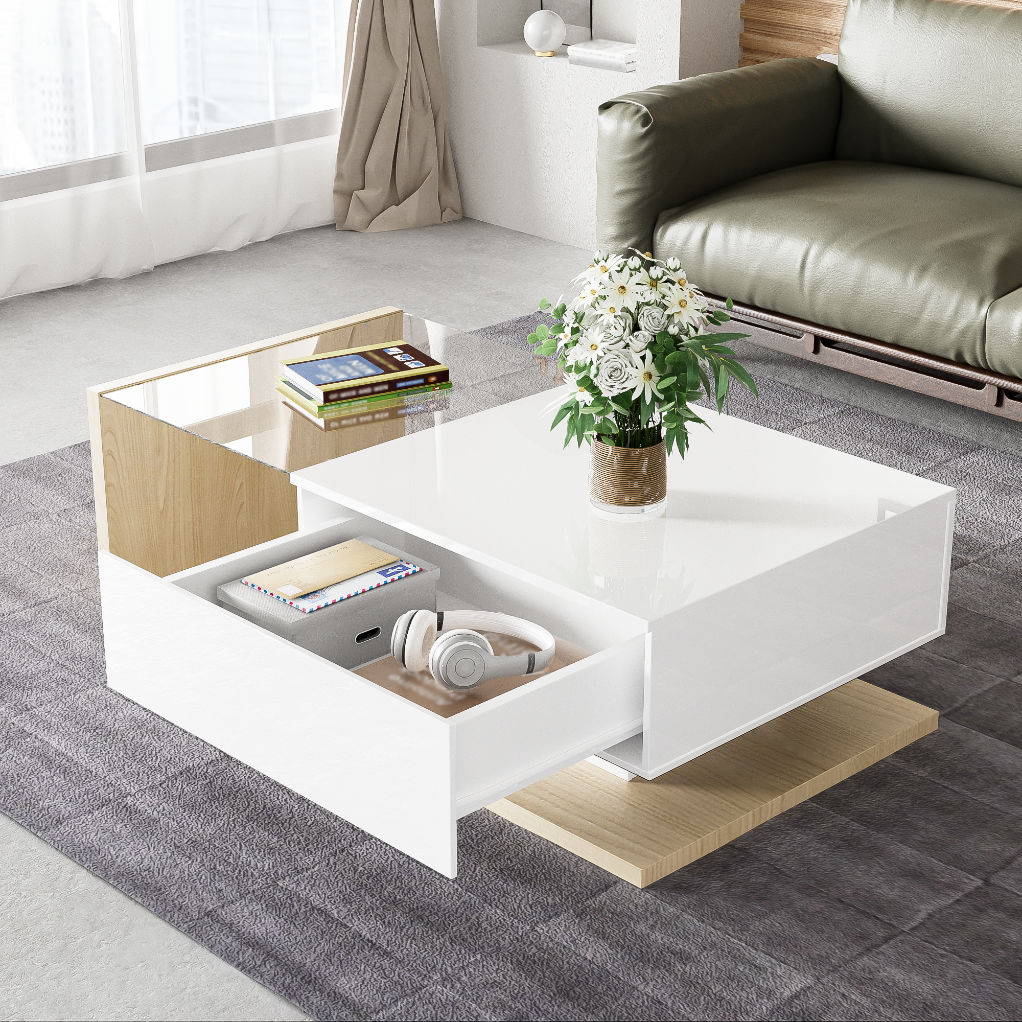 Coffee Table with Glass and LED, High Gloss White and Wood