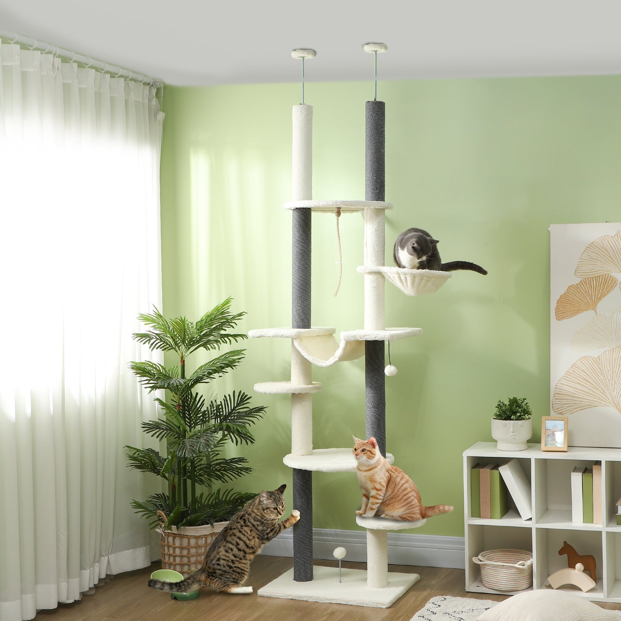 Cat Tree, Ceiling-High with Hammocks, Scratching Posts, White