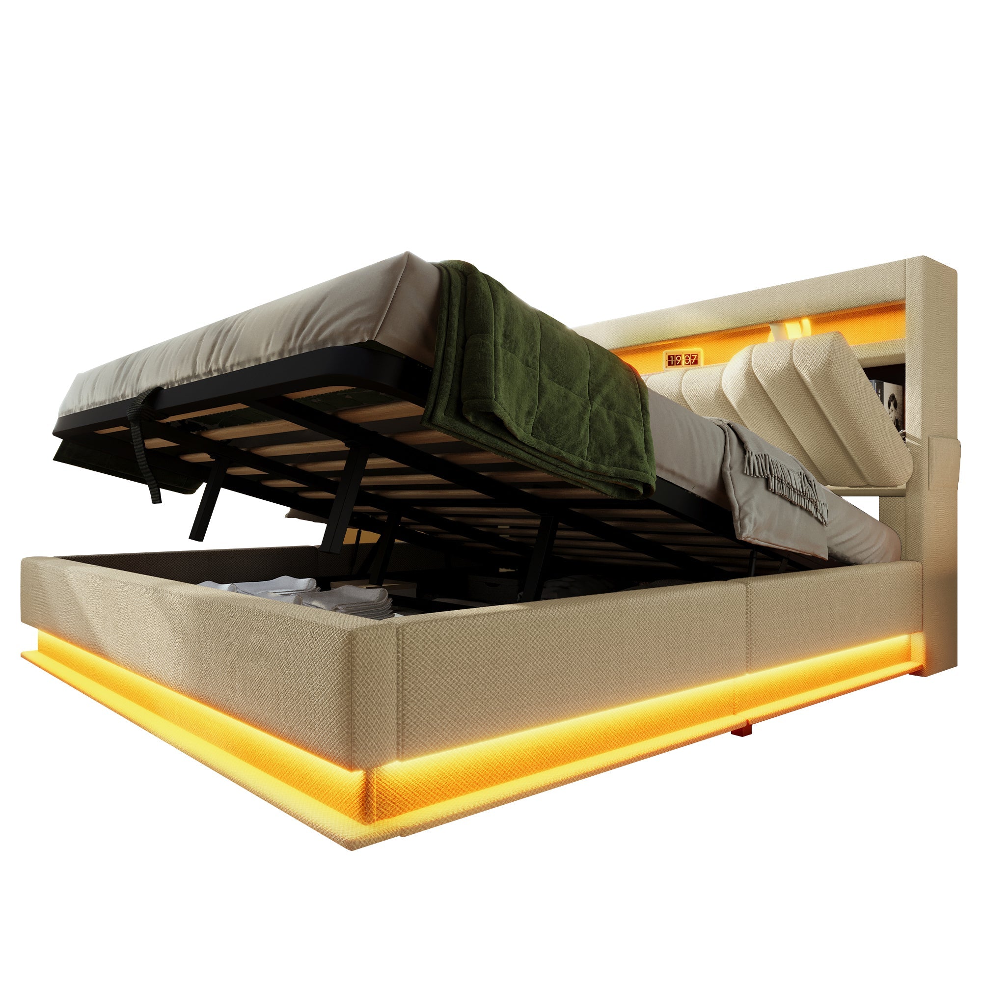 Upholstered Double Bed, 140x200cm Storage Headboard with USB & Type-C, LED Lighting, Hydraulic Storage, Beige Linen