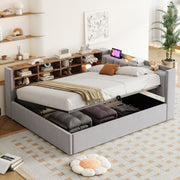 Upholstered Bed/Sofa Bed with Hydraulic Storage, USB Charging and Night Light, 140x200cm, Light Grey Velvet Fabric