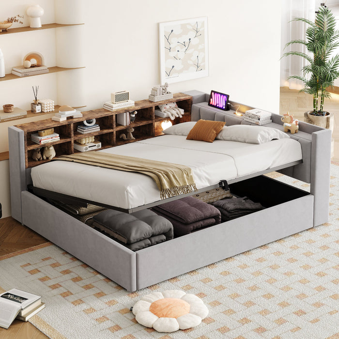Upholstered Bed/Sofa Bed with Hydraulic Storage, USB Charging and Night Light, 140x200cm, Light Grey Velvet Fabric
