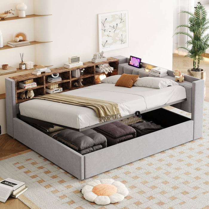 Upholstered Bed/Sofa Bed with Hydraulic Storage, USB Charging and Night Light, 140x200cm, Light Grey Velvet Fabric