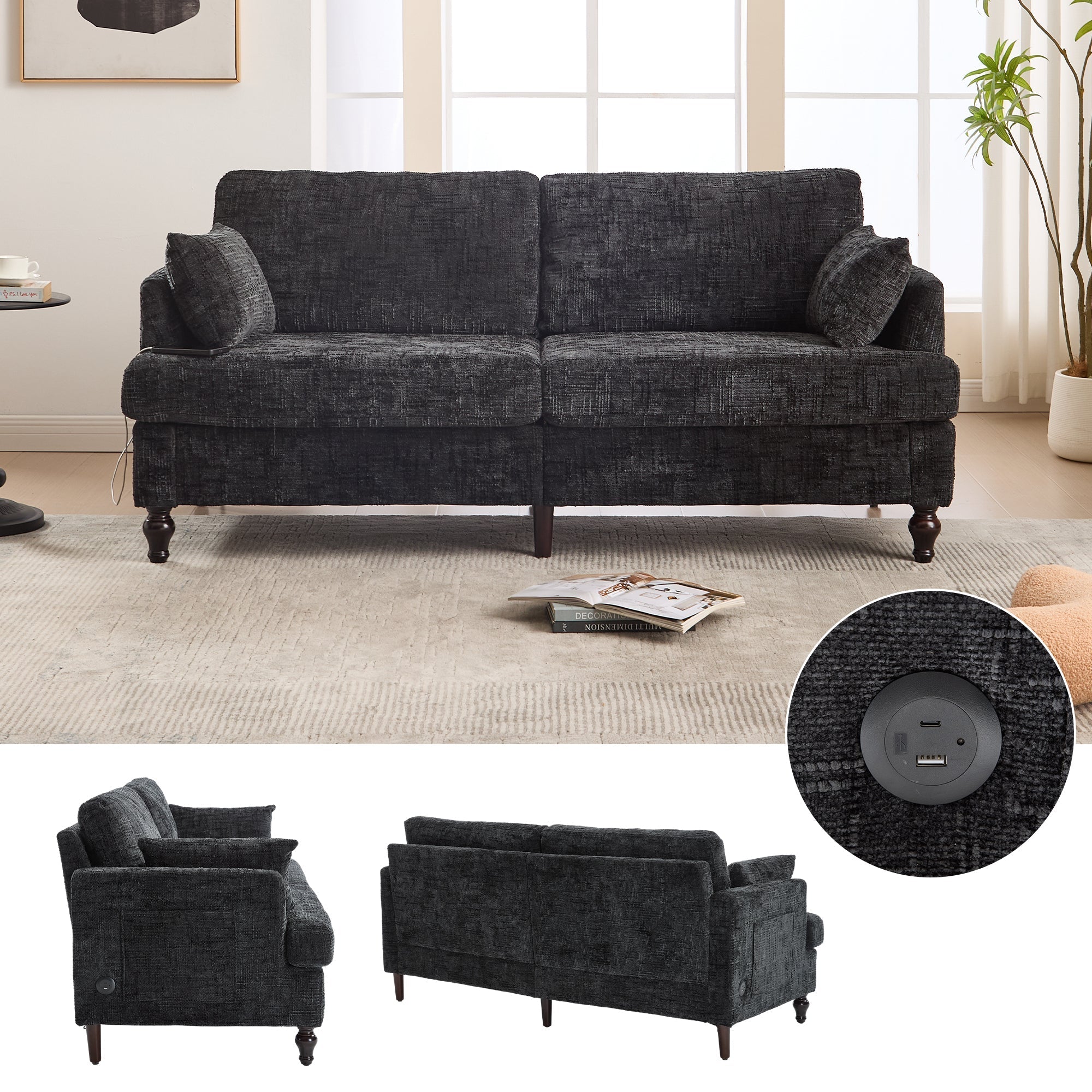 Sofa, 2-Seater with Wooden Legs, LED Light, USB, Storage Bag, Chenille