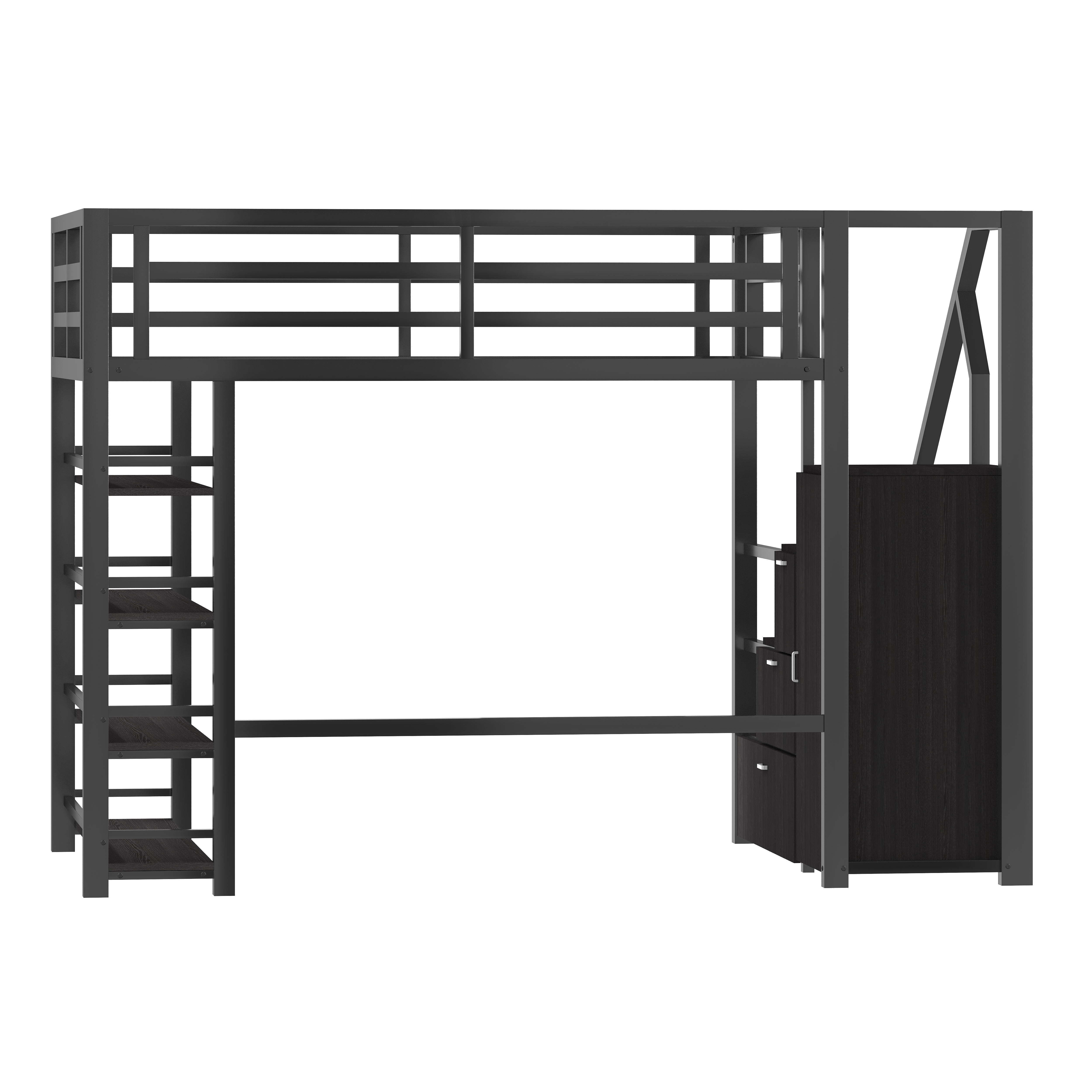 140x200 Metal Loft Bed with Wardrobe, Cabinets and LED Lighting, Black