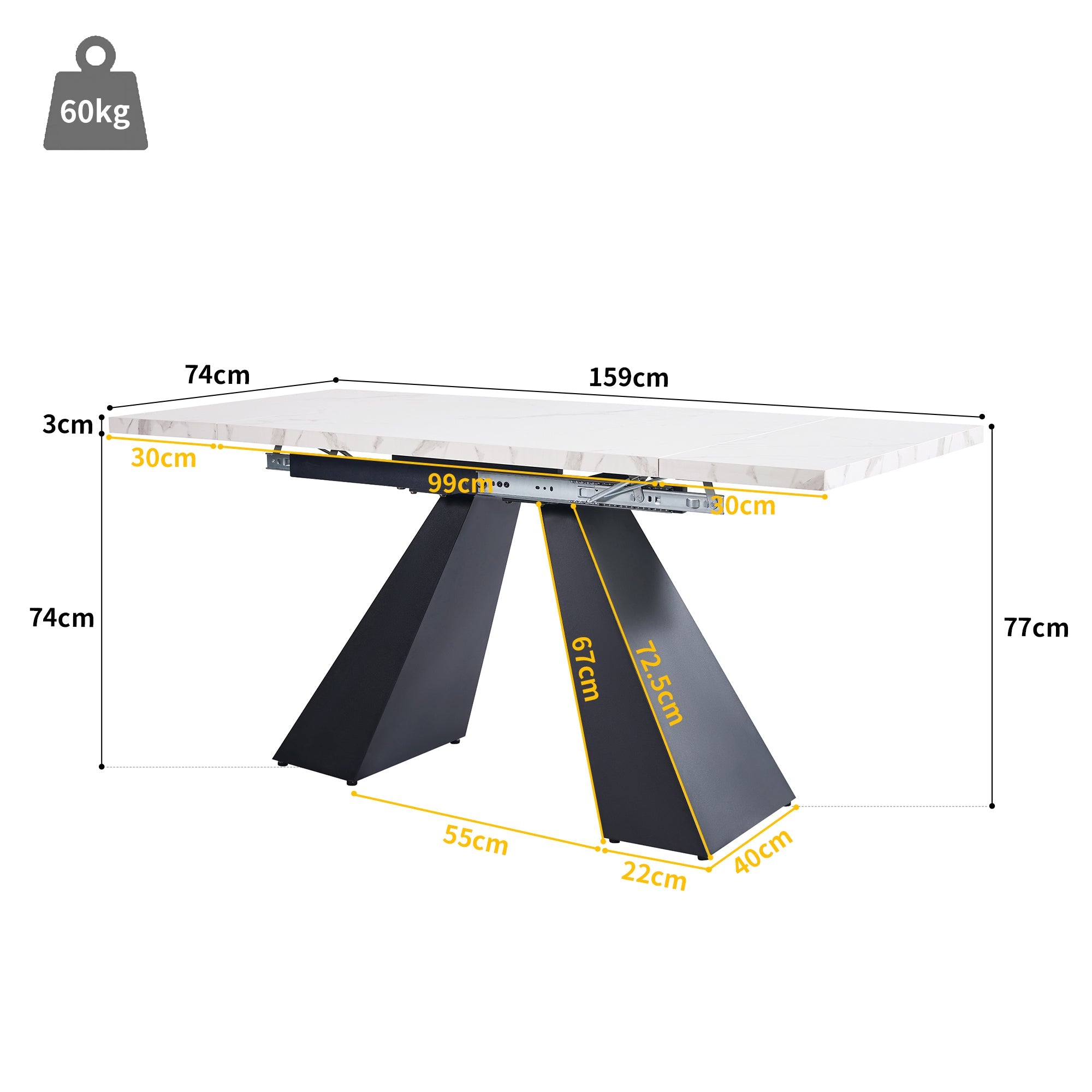 Extendable Dining Table Telescopic 99-159cm Space-Saving Pedestal Legs - White