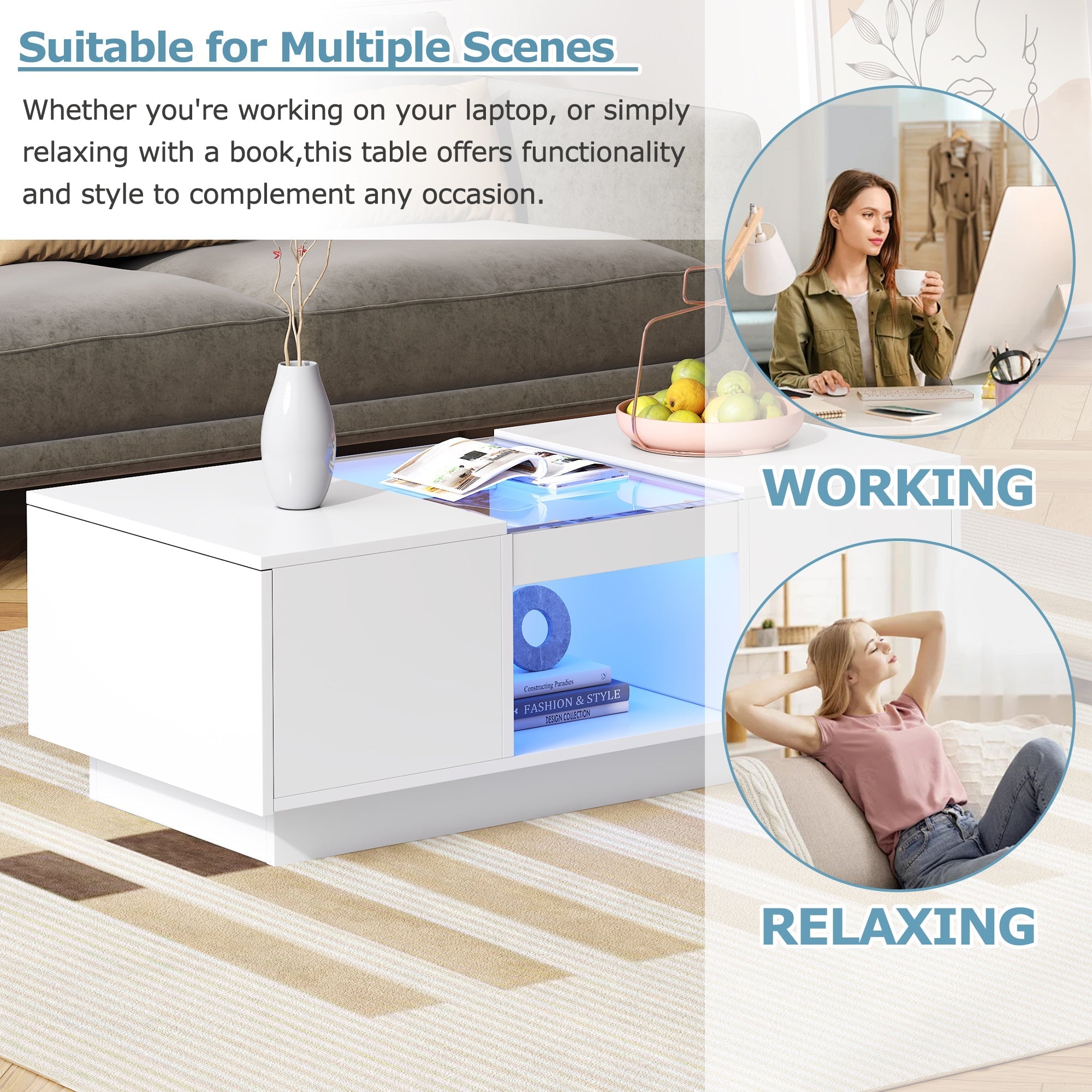 White Coffee Table with Glass Panel, LED Lighting, 2 Drawers, and 1 Open Compartment