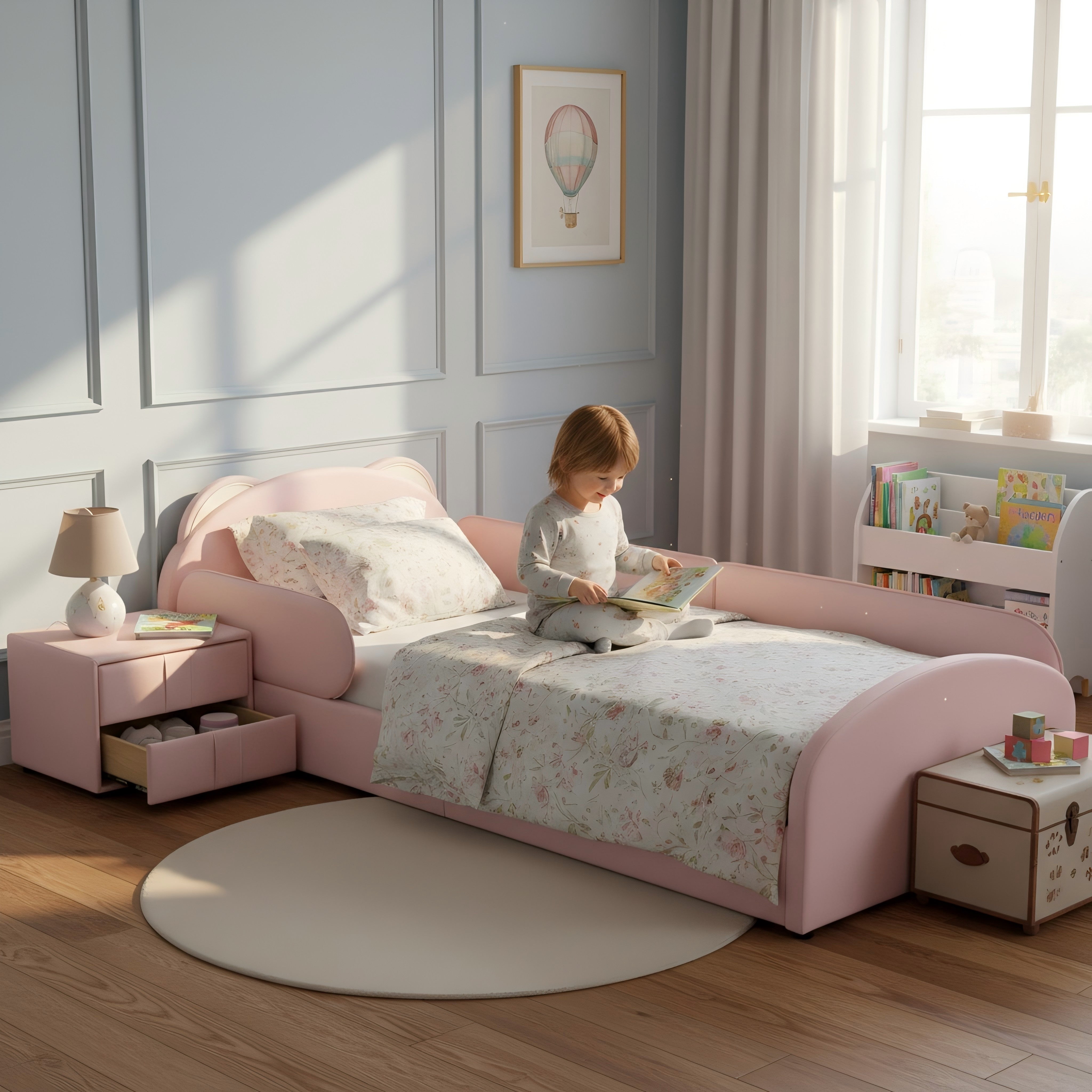 Upholstered Children's Bed with Bear-Shaped Headboard and Matching Bedside Table, 90x200cm, Pink Velvet