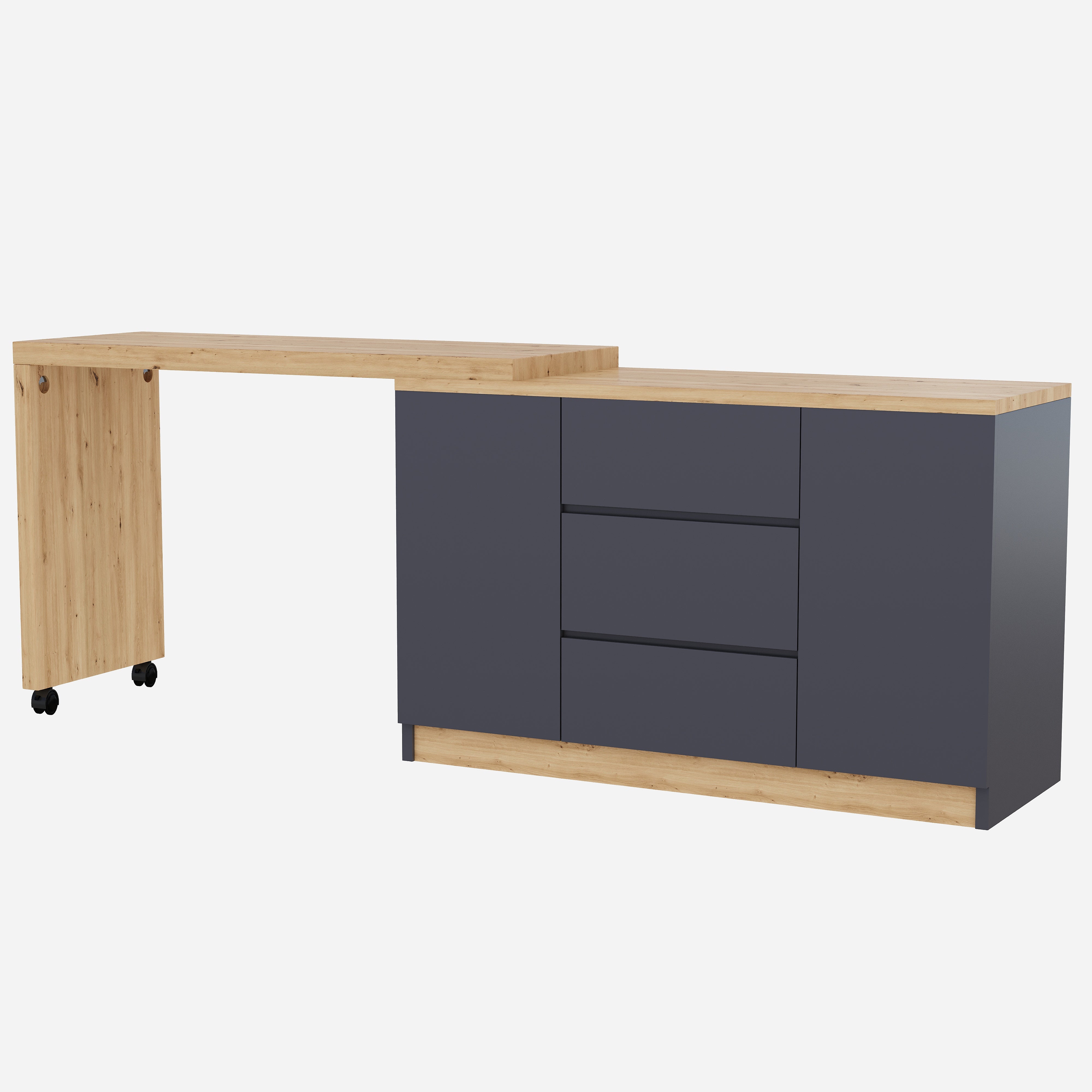 Desk Multifunctional Rotating Foldable Corner Sideboard with Lockable Casters, Grey/Oak