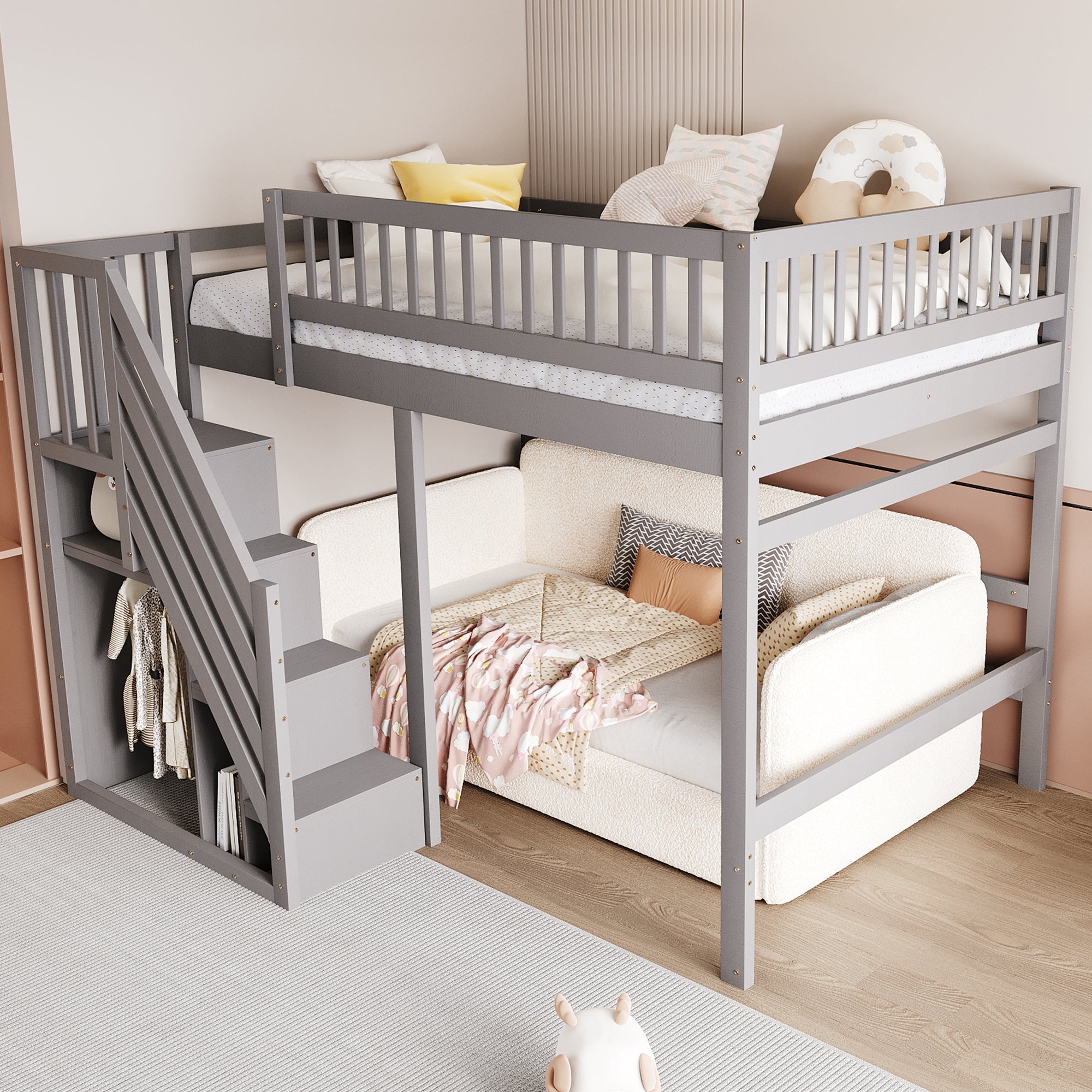 Solid wood bed 140*200, stairs with storage, high railing, grey