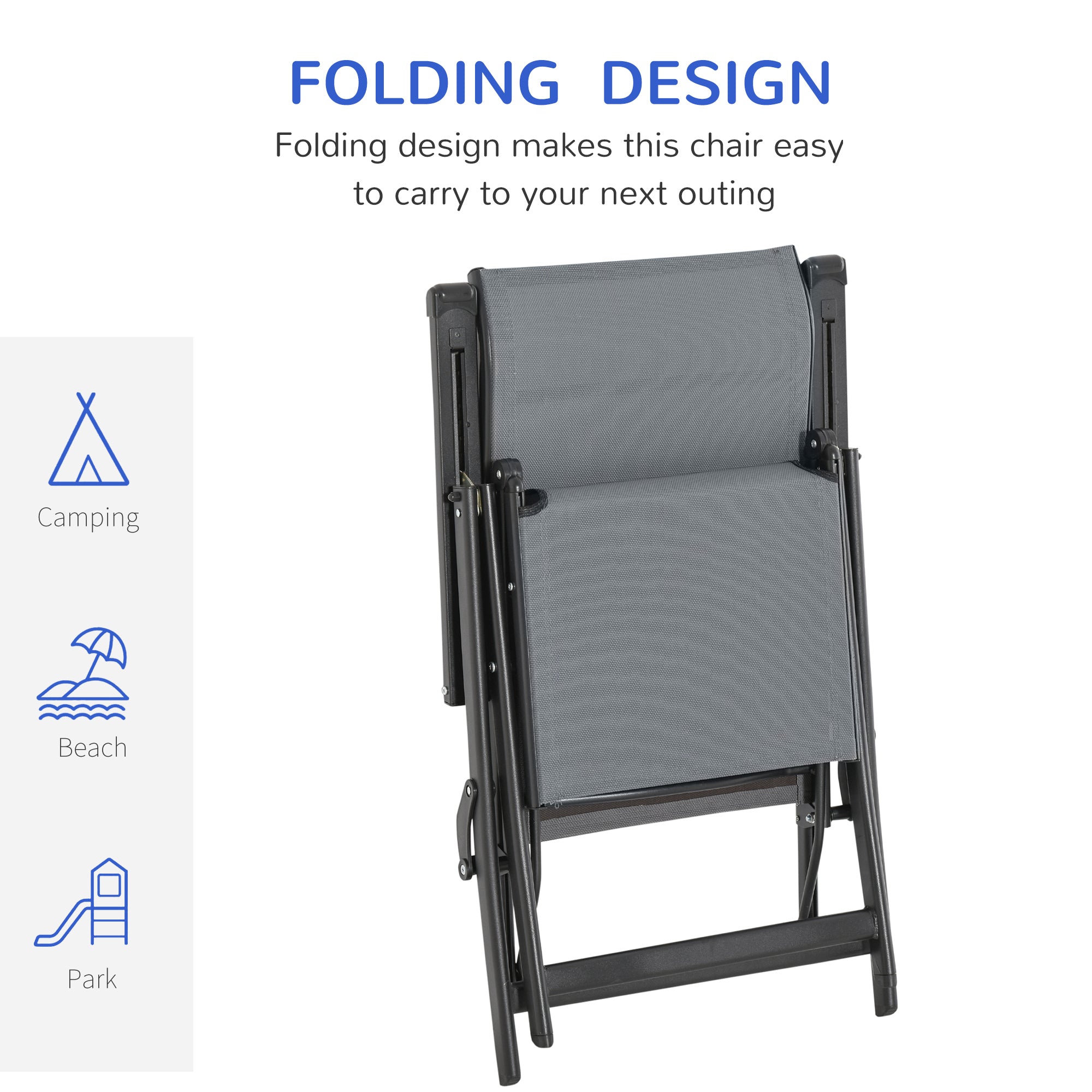 Set of 2 Outdoor Sun Lounger 10-Position Adjustable Reclining Chairs with Footrest, Texteline Grey