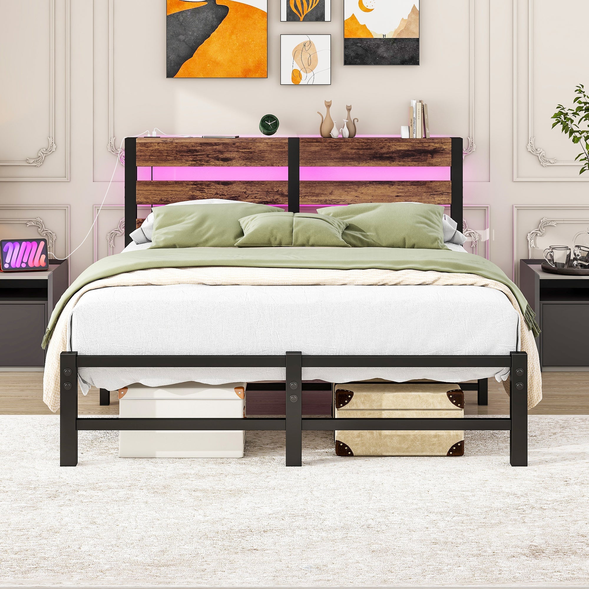 Metal Bed 120x200cm LED USB Storage - Metal