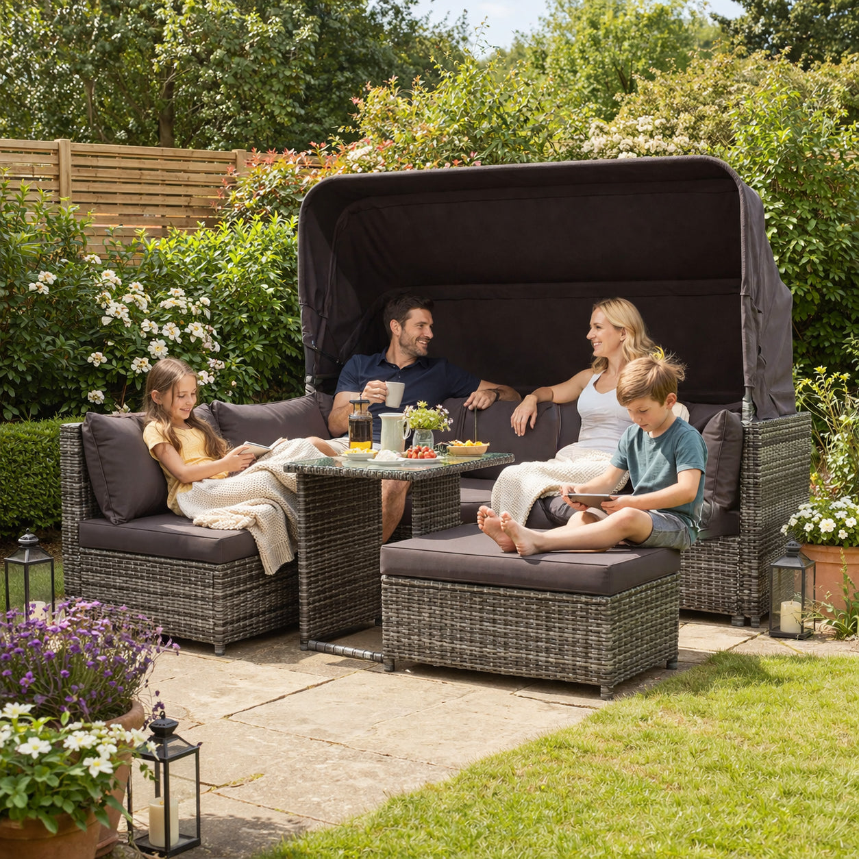 Rattan Sun Island Lounge Set - Sofa Sunshade Stool Armchairs Table - Weatherproof Grey